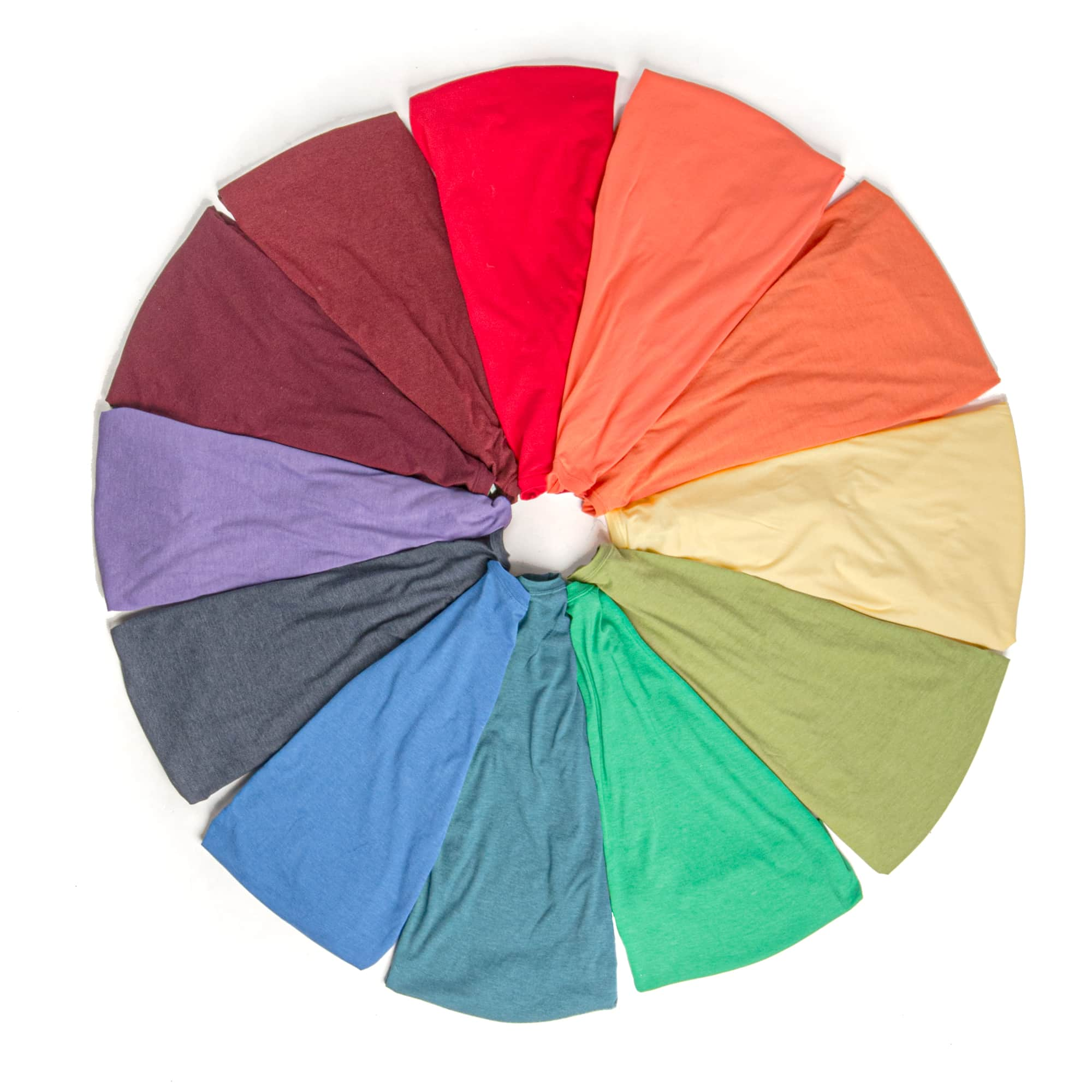 A color wheel made up of various folded t-shirts.