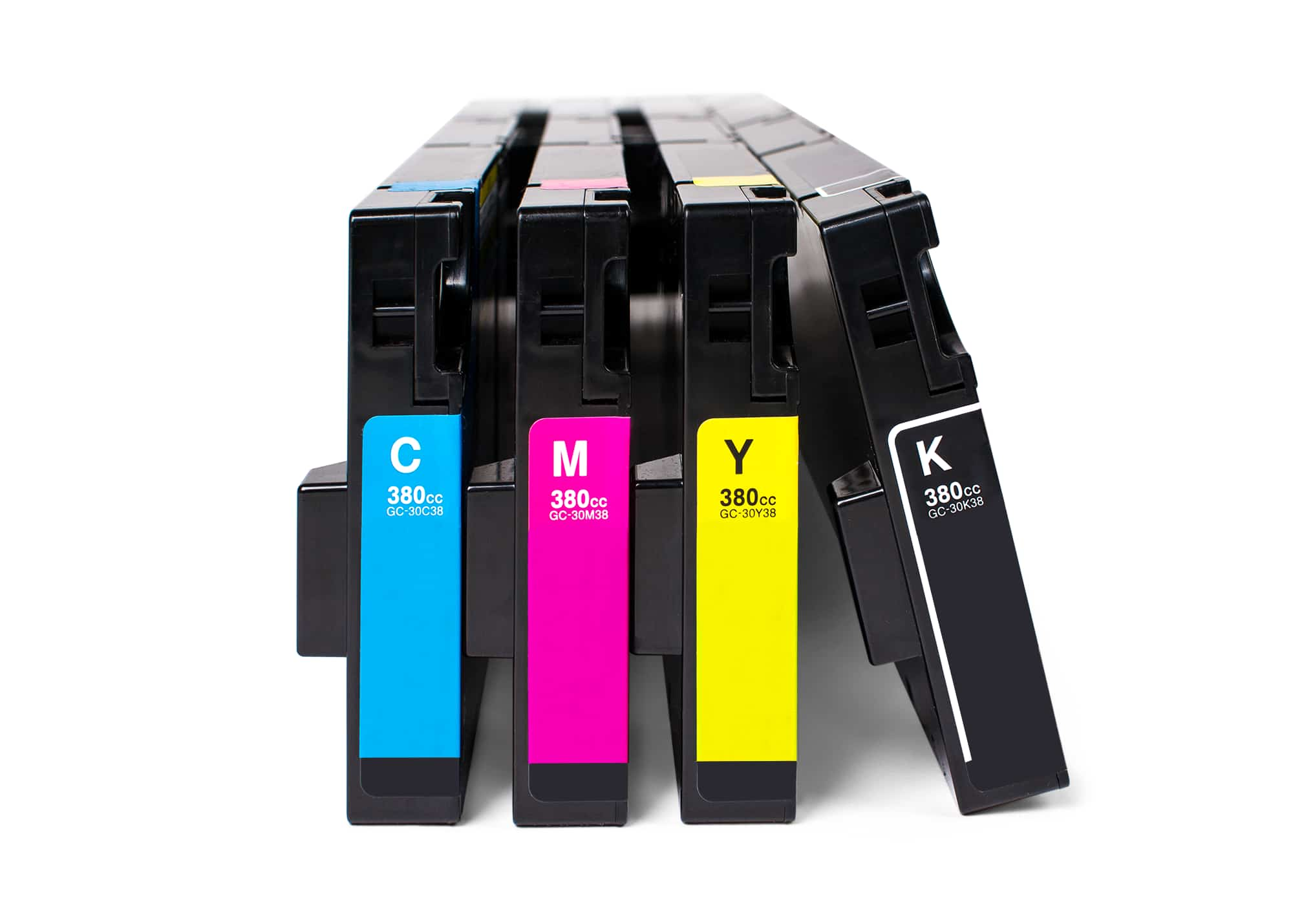 The four CMYK ink cartridges used in direct-to-garment printers.