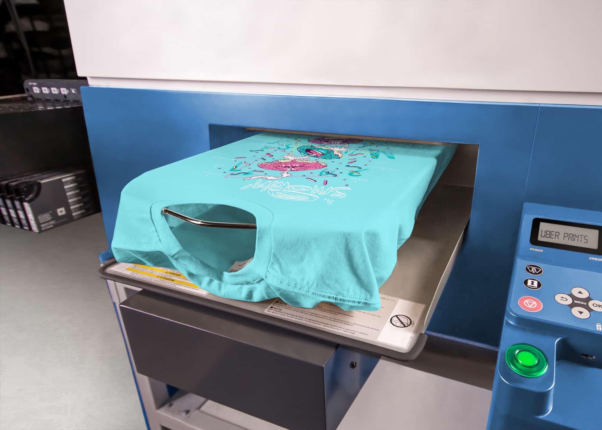 A t-shirt as it exits a direct-to-garment printer.