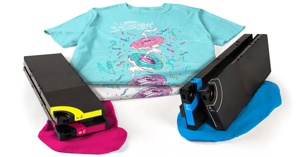 Two digitally printed t-shirts displayed with CMYK ink cartridges.