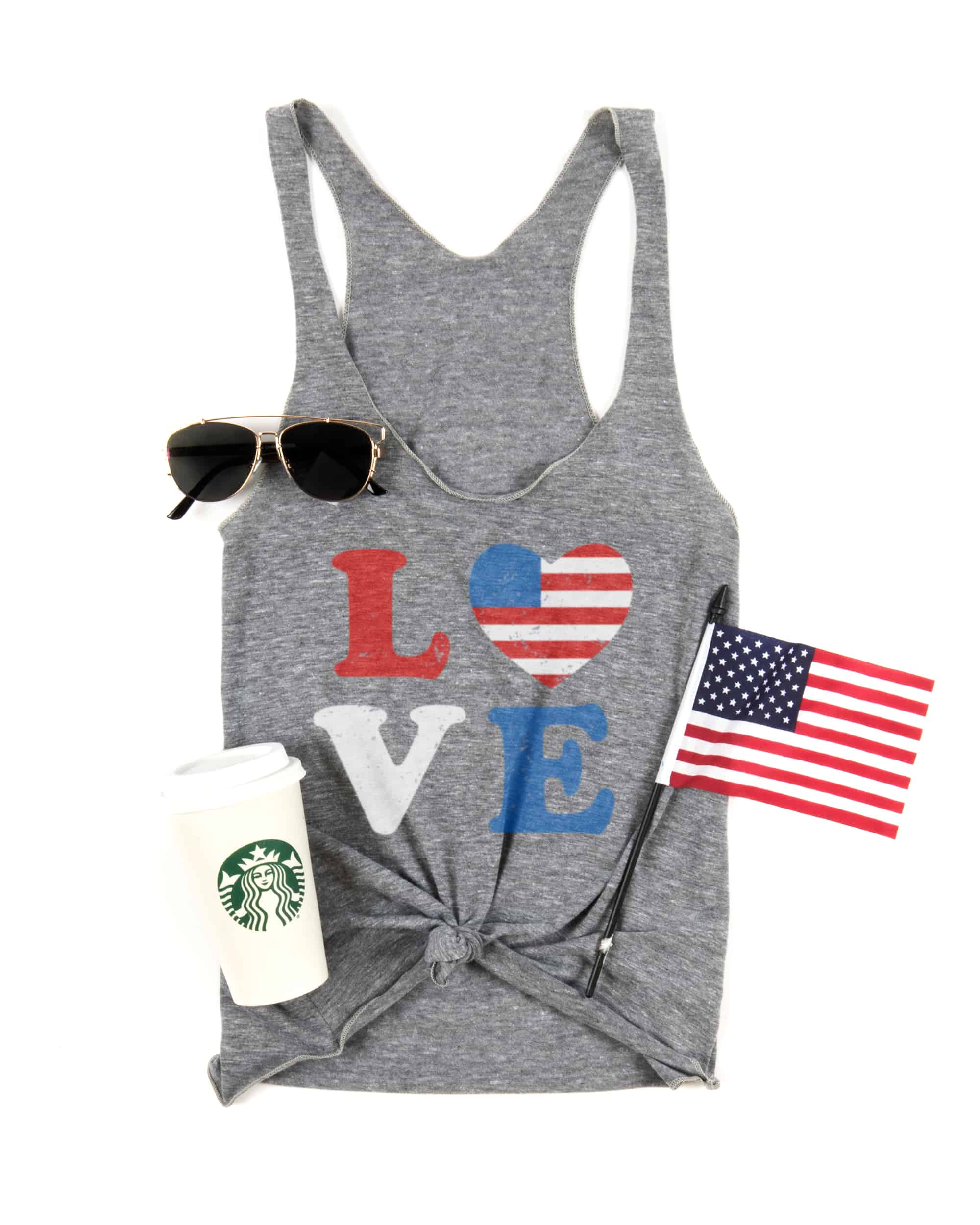 An example Fourth Of July themed t-shirt design on a ladies tank top.