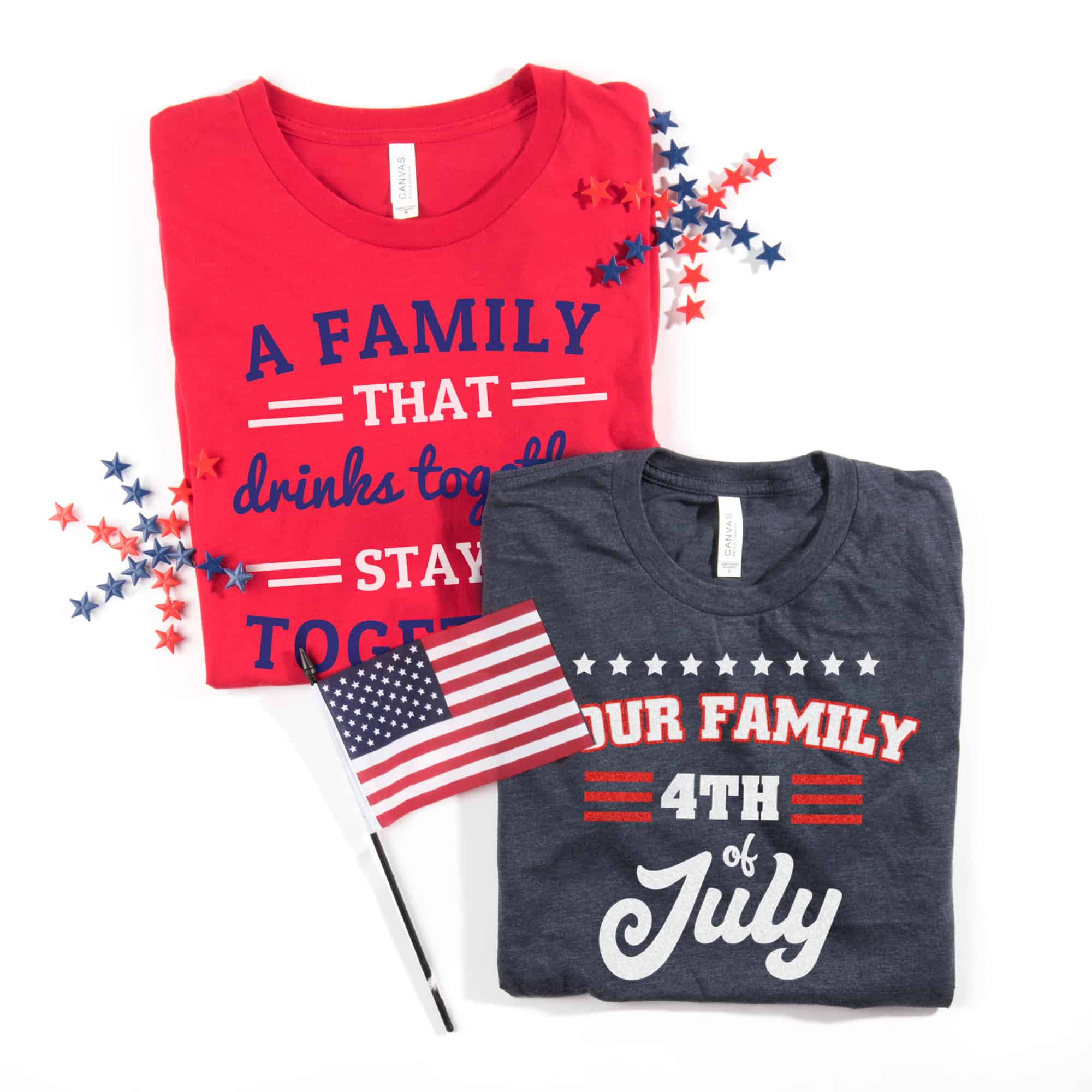 Examples of Fourth Of July themed t-shirts for a family.