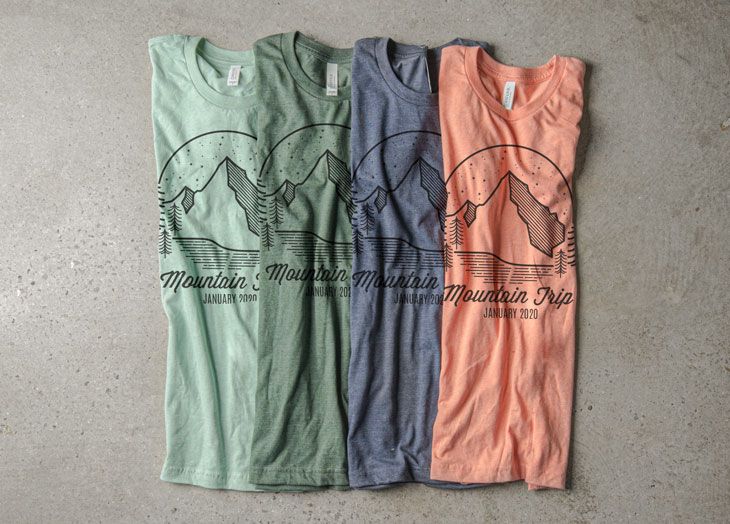 The riverside color pallet displayed as four different t-shirt colors with a monochromatic t-shirt design.