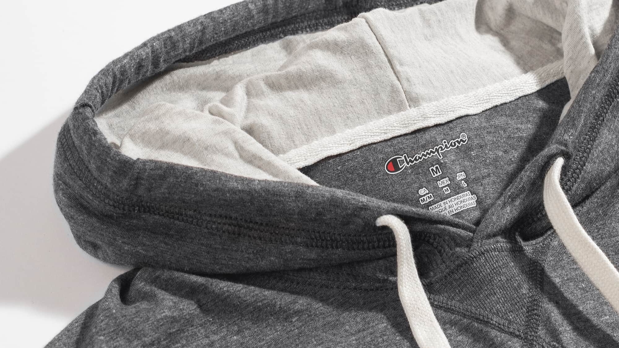 A detail view of a Champion brand hoodie.