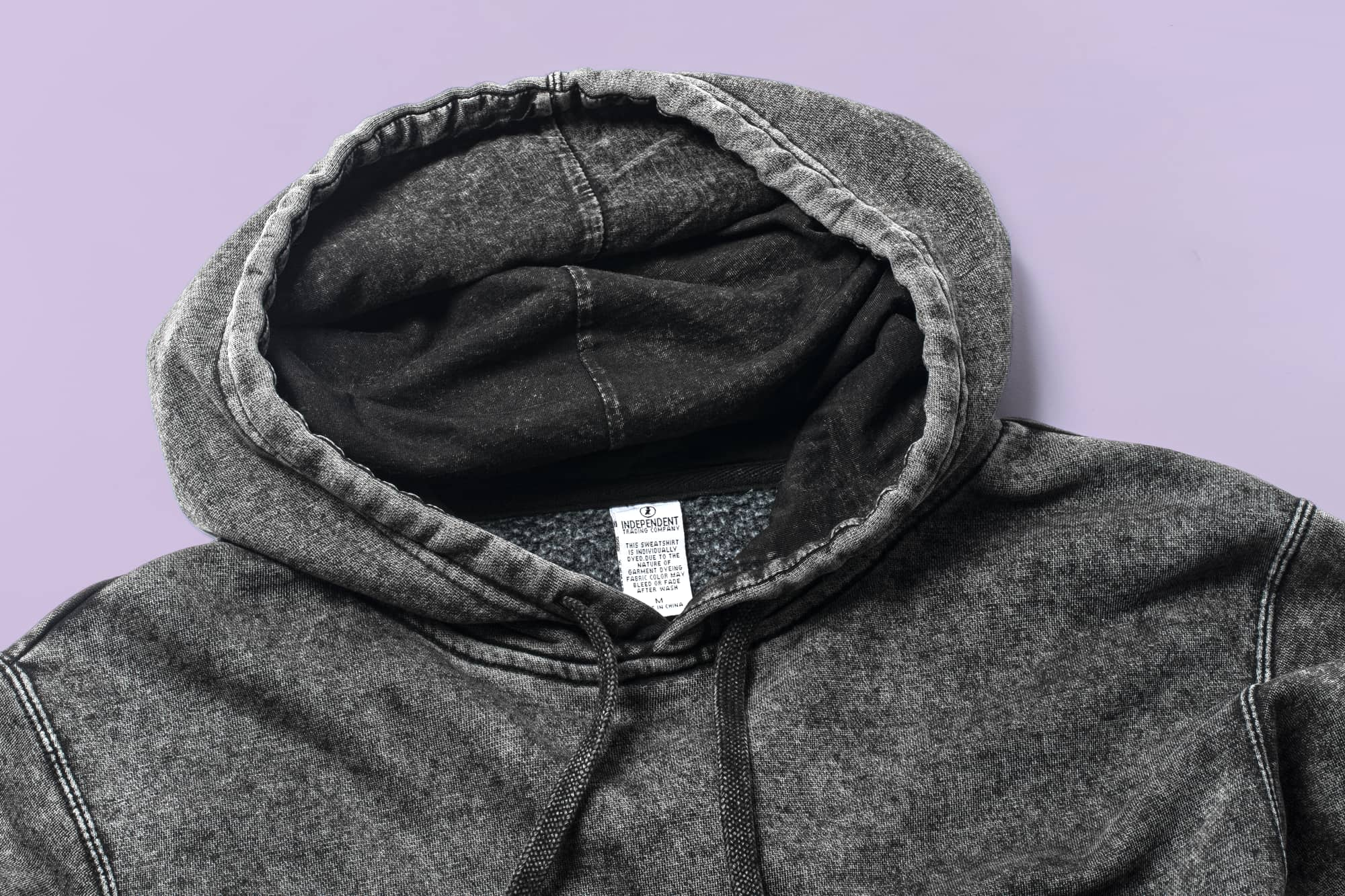 Close up look at mineral wash hoodie.