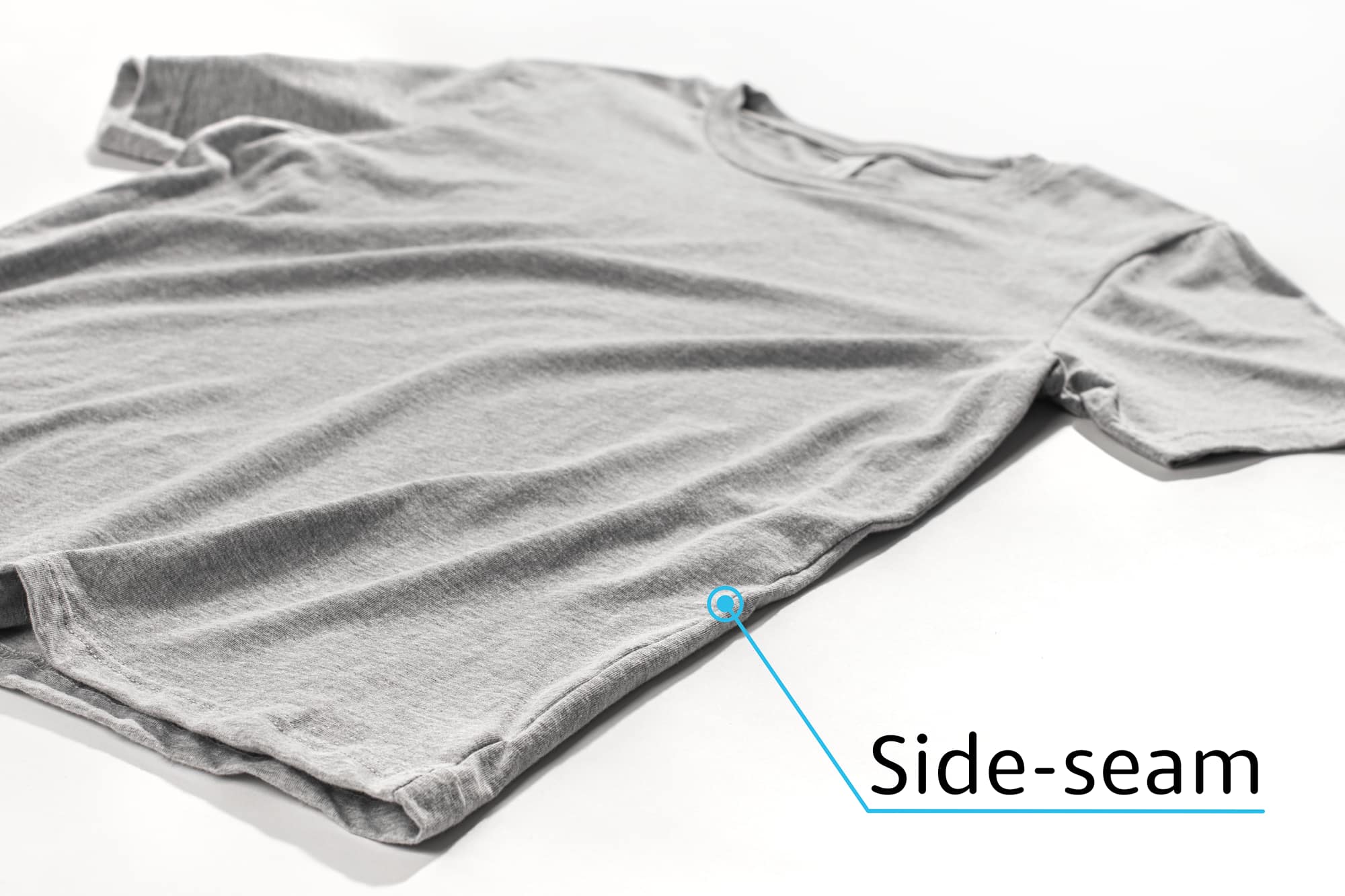 A detail image identifying the side-seam t-shirt construction.