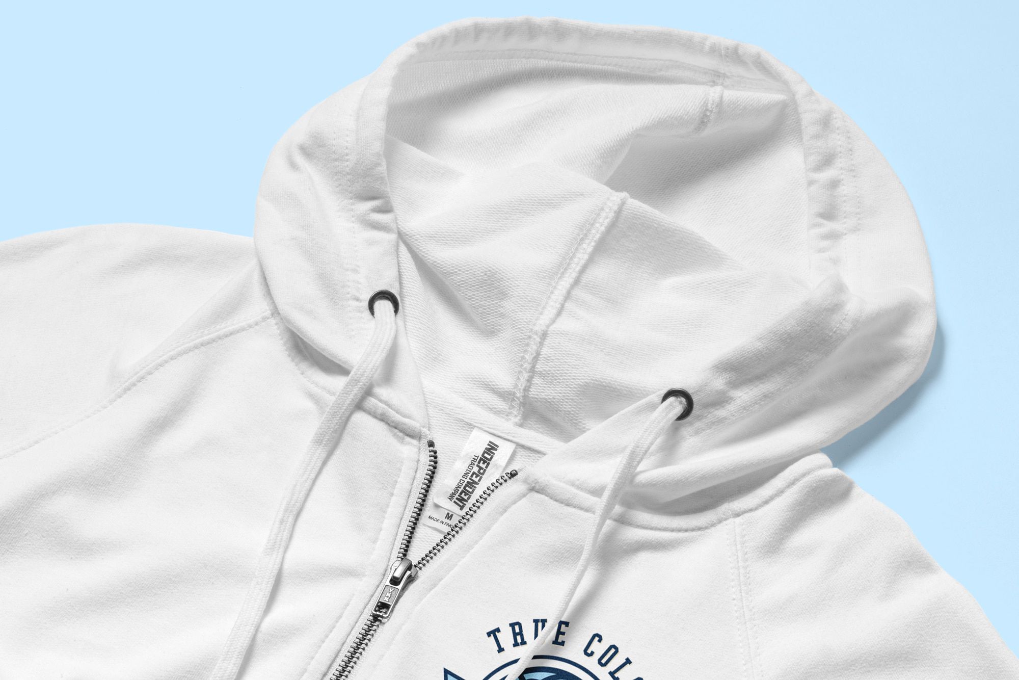 Detail of the zipper and drawstrings of the Independent Trading Lightweight Zip Up Hoodie.