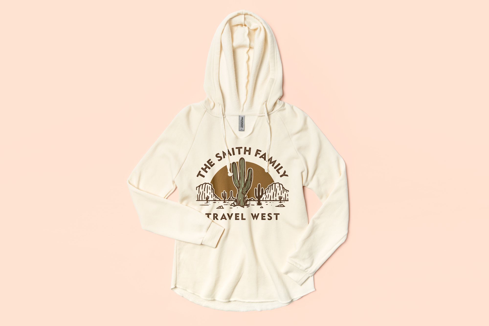 Flatlay of the Independent Trading Ladies Lightweight Hooded Pullover featuring a custom family vacation design.