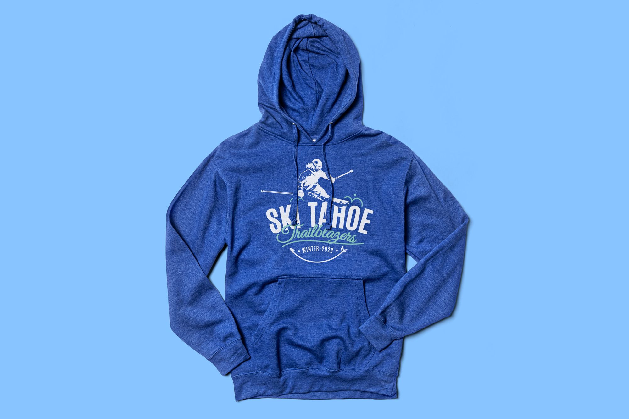 Flatlay of the Independent Trading Pullover Hoodie showing a custom ski design.