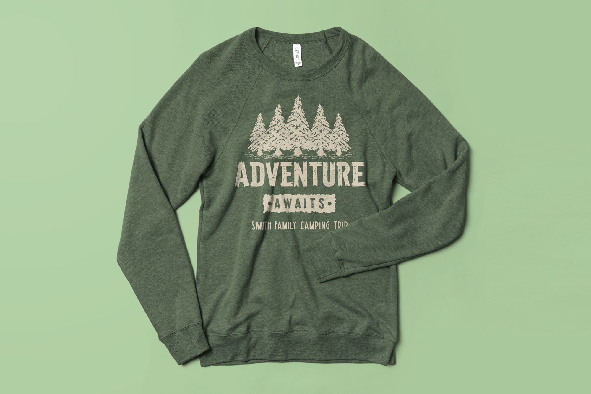 Flatlay of the Bella Canvas Sponge Fleece Crew Neck showing a custom family camping trip design.