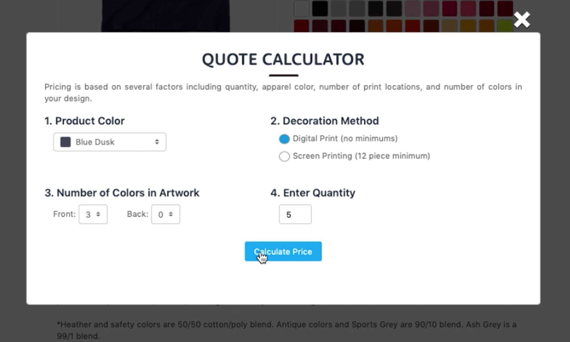 Screenshot from Uberprints.com showing an example of how to use the quote calculator.