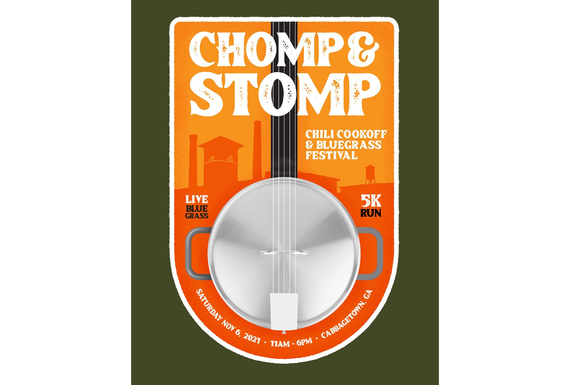 The original event poster for Chomp & Stomp event. The image features a chili pot as the base of a banjo. Behind the chili pot is the recognizable skyline of the Cabbagetown neighborhood in Atlanta, Ga where Chomp & Stomp occurs.