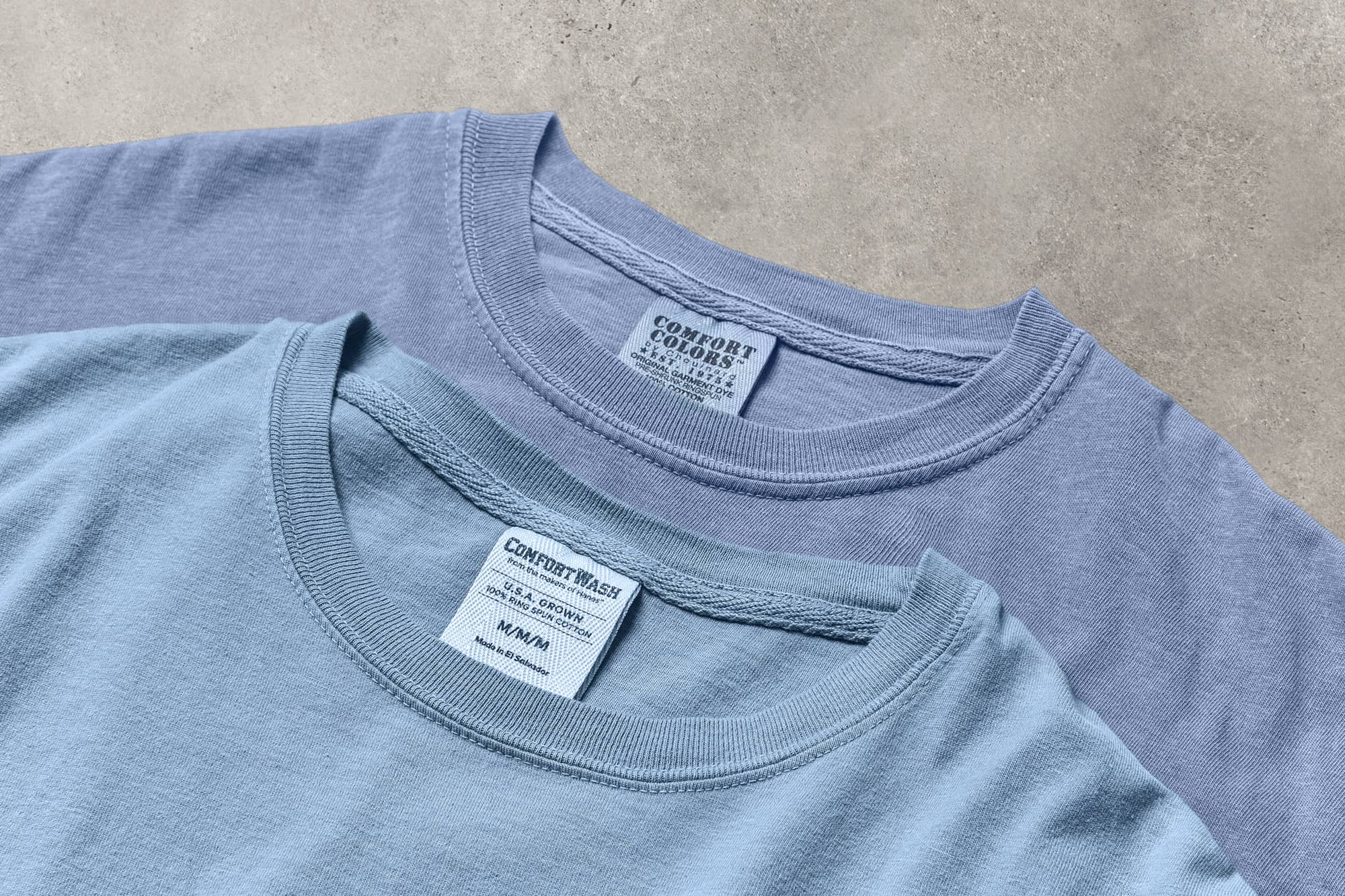 A comparison between a Comfort Colors brand shirt and a Comfort Wash brand shirt.