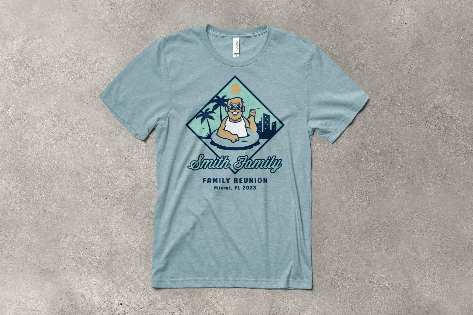 Flatlay of a custom family reunion t-shirt with a funny design of a man floating on a pool float with a beer in hand and palm trees in the background