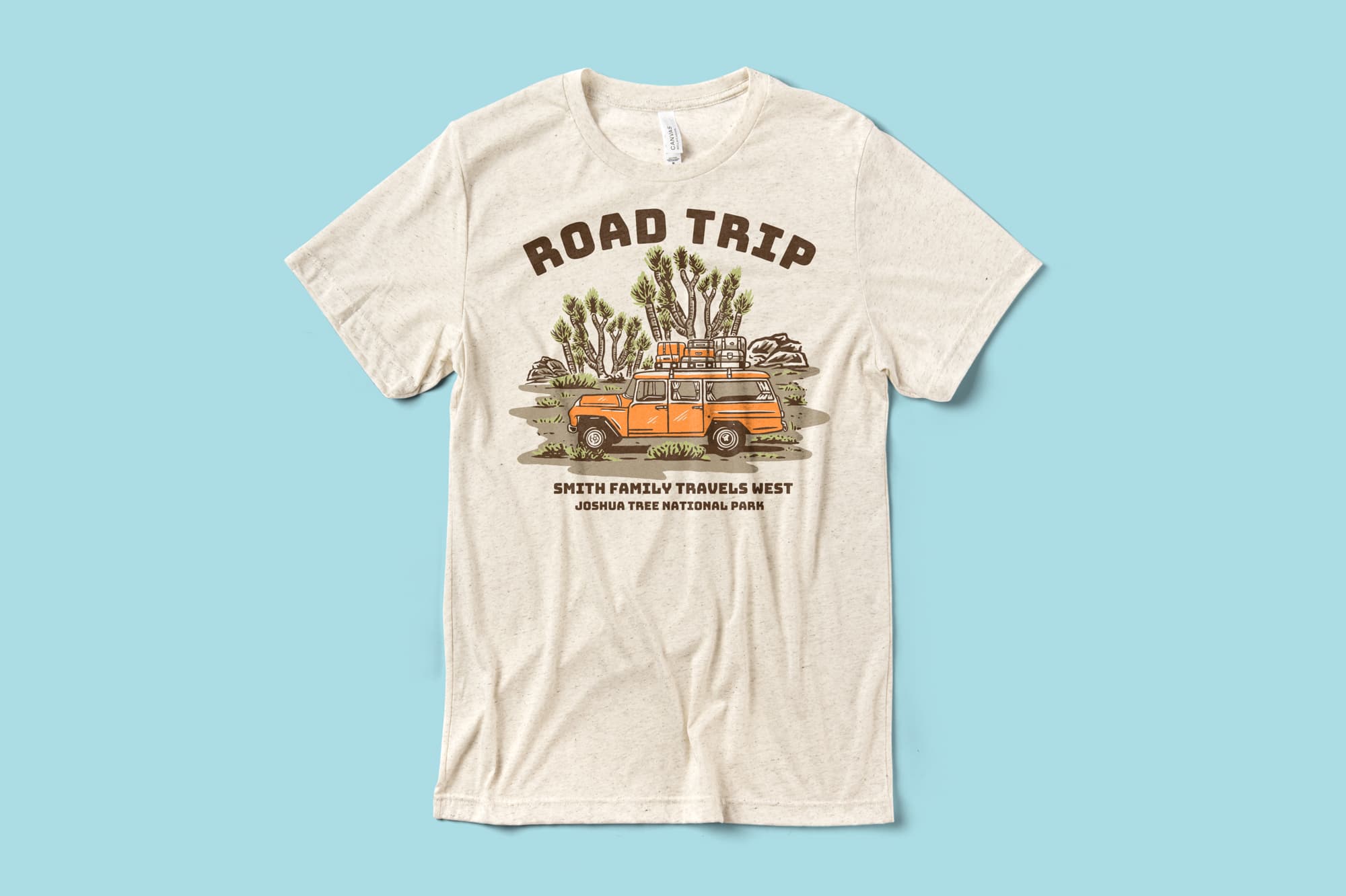 flatlay of a custom vacation t-shirt for a family road trip.
