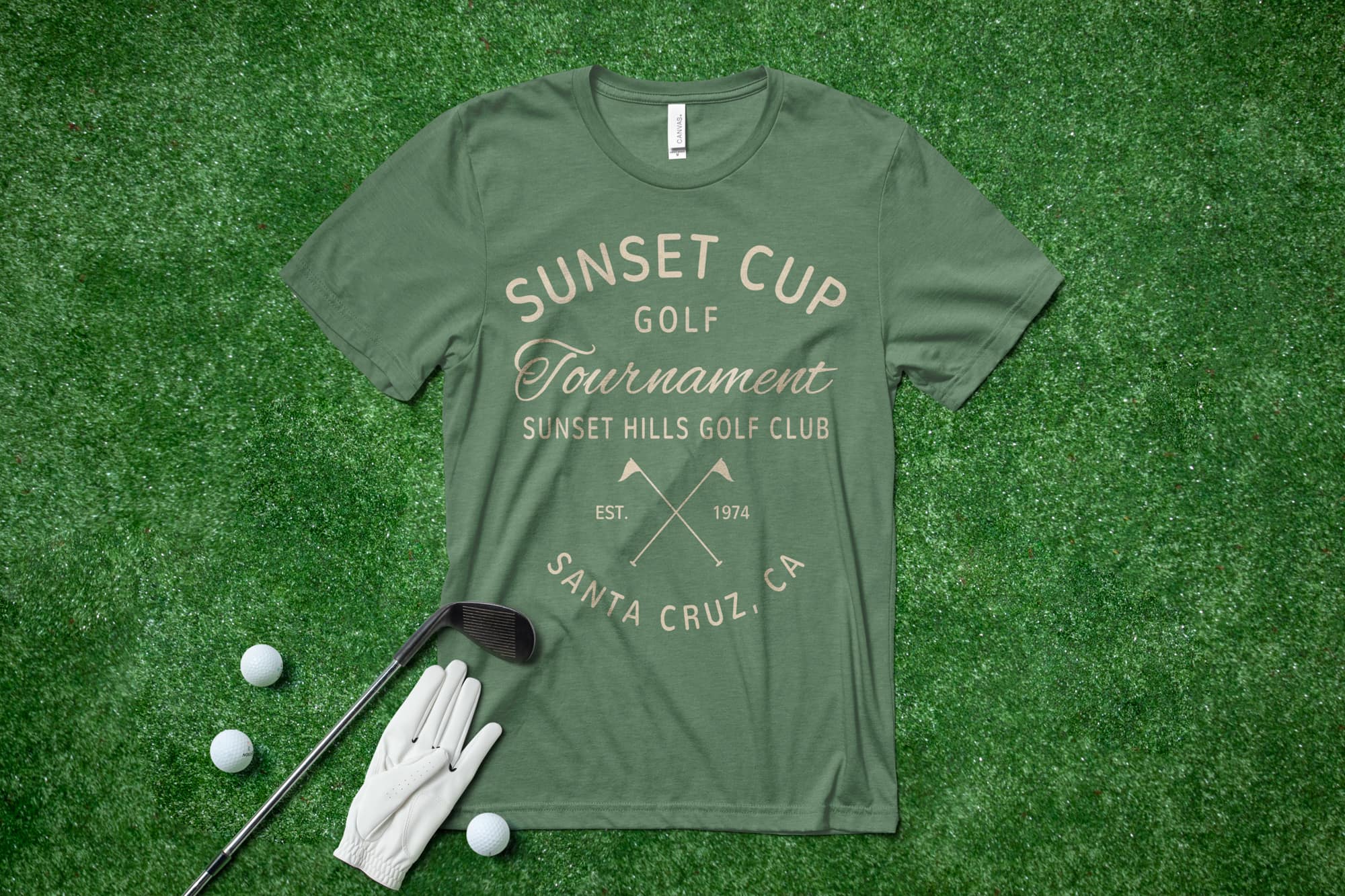 Flatlay on grass of a custom golf t-shirt with a minimalist design