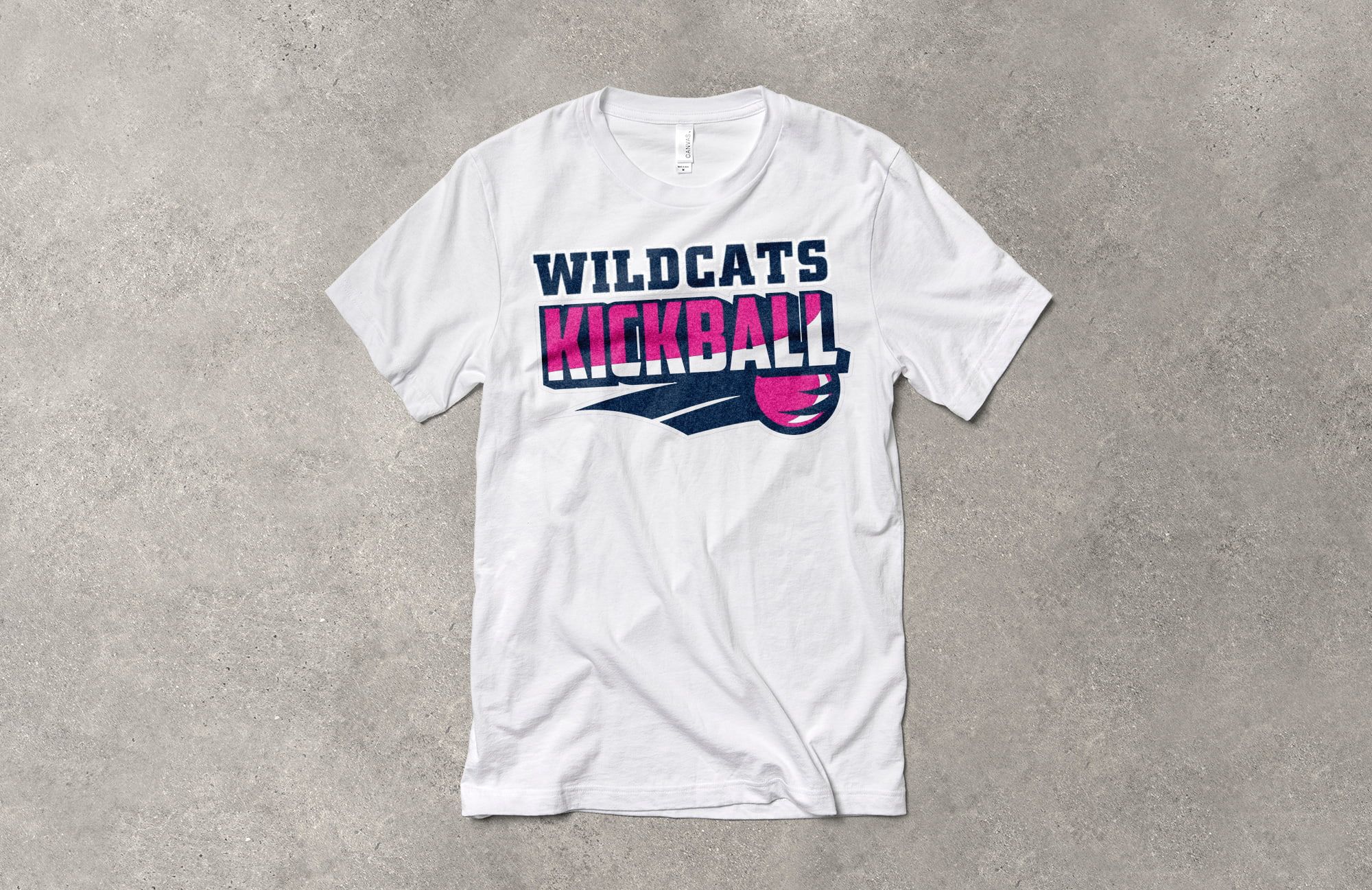 A white t-shirt with a bold navy and magenta design for a kickball team
