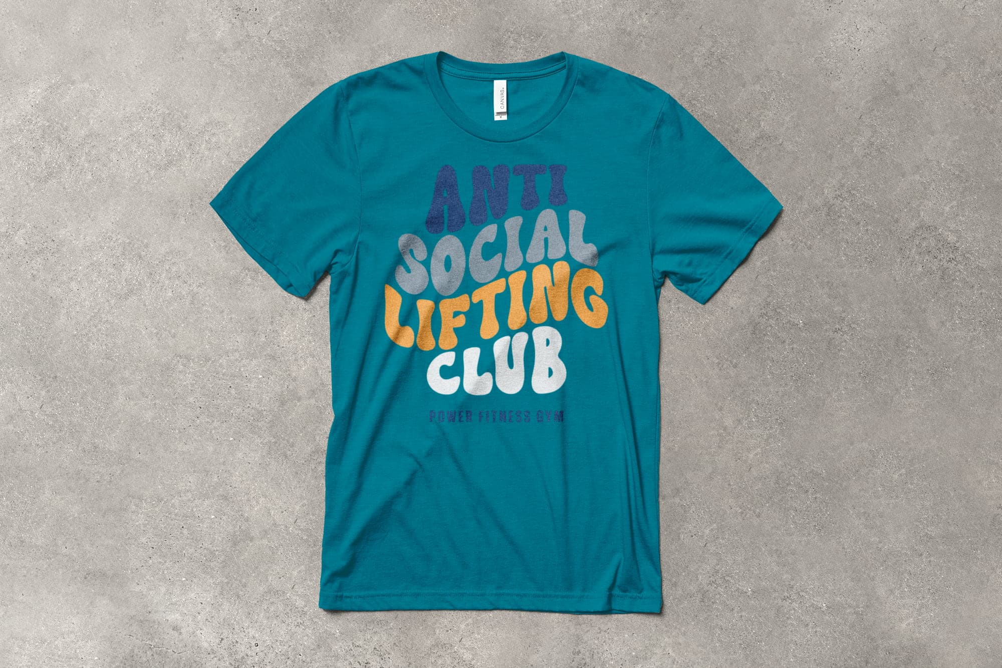 Flatlay of a custom gym tee that features unique wavy text that says "Anti Social Lifting Club"