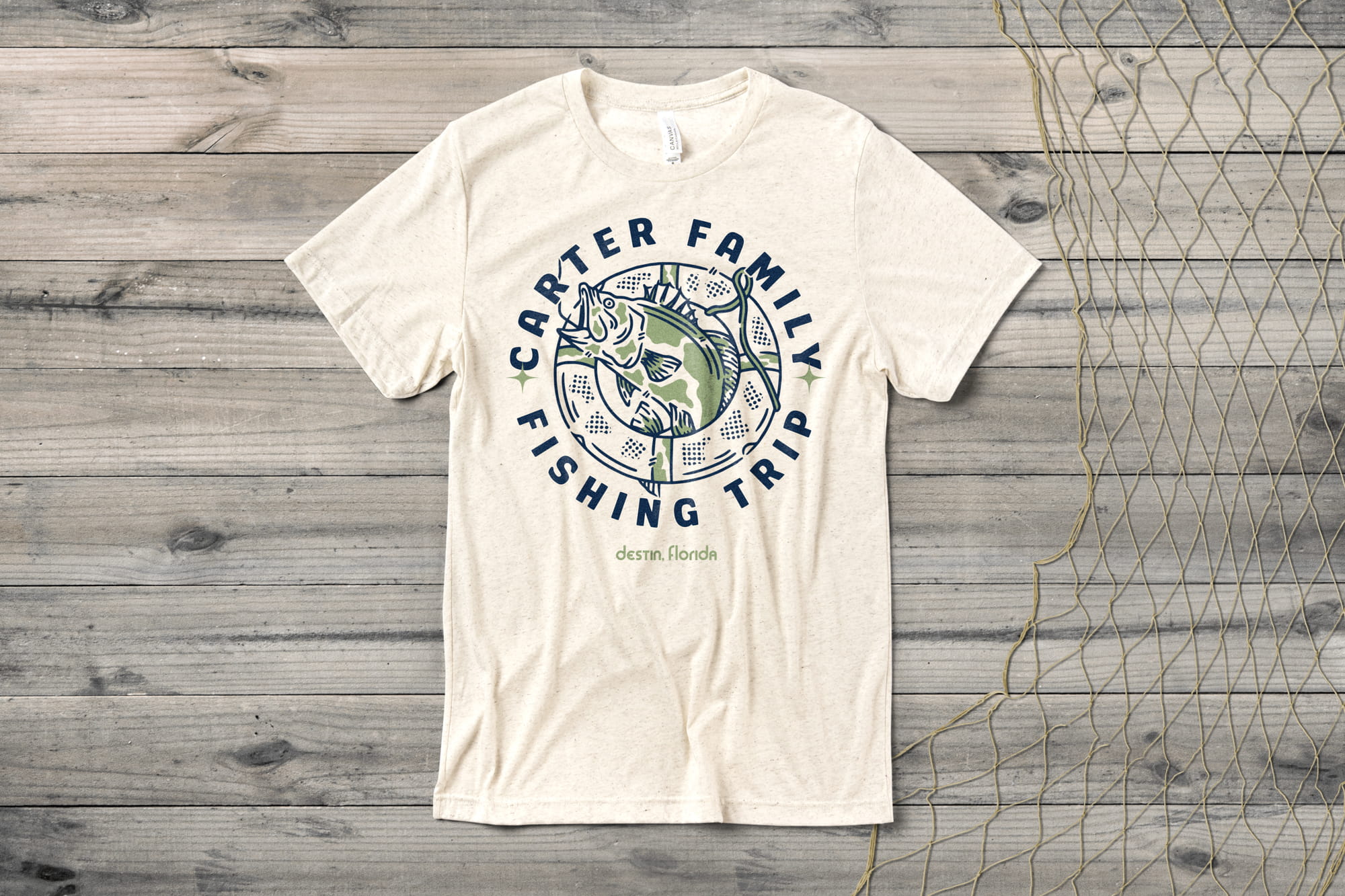 Custom t-shirt with a fishing themed template on the shirt. It says "Carter Family Fishing Trip. Destin, Florida"