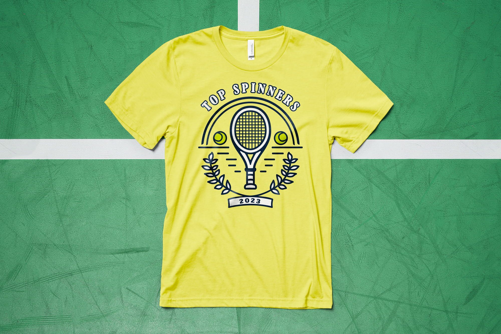 Flatlay of a basic cotton t-shirt that has a custom tennis design from our pre-made templates