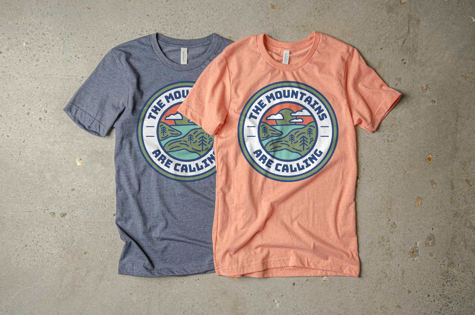 Two variations on the same t-shirt design using the riverside color pallet.
