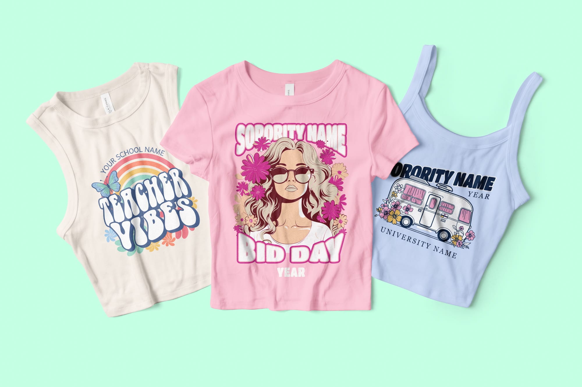 Flatlay of three different styles of baby crop tees including tanks and muscle tee version.