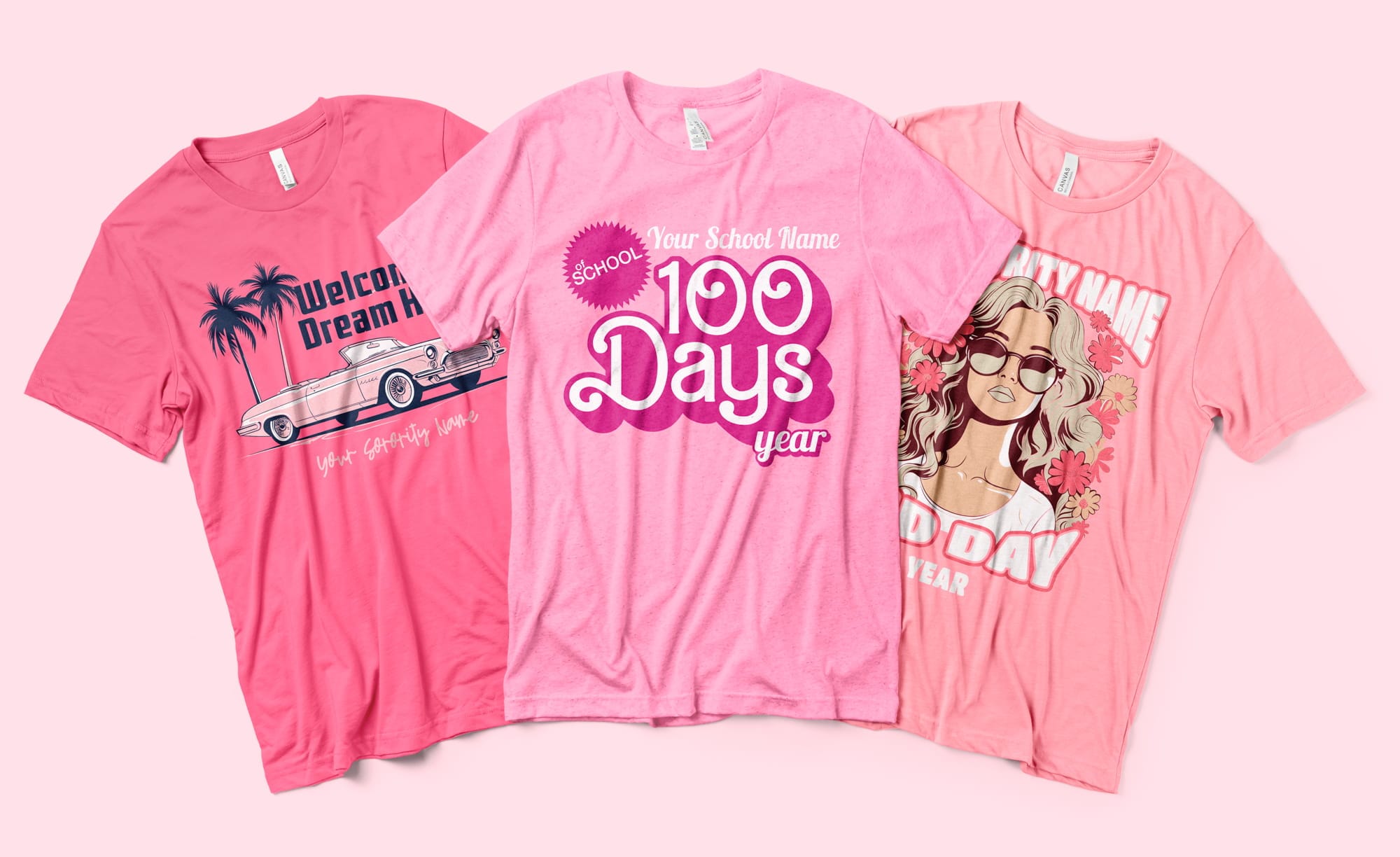 Three different pink tee that feature unique barbie inspired designs.