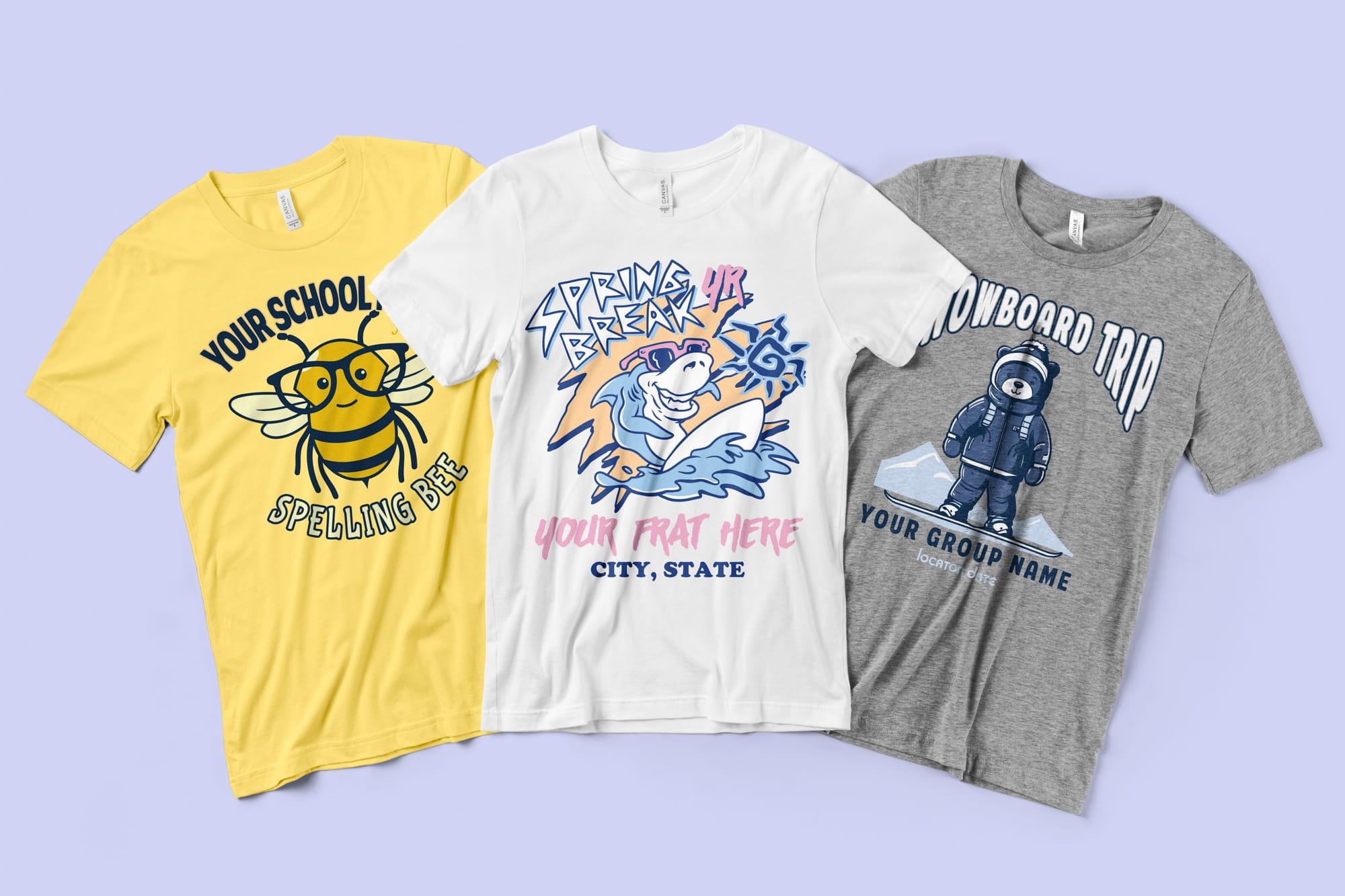 Three shirts featuring popular animal designs.