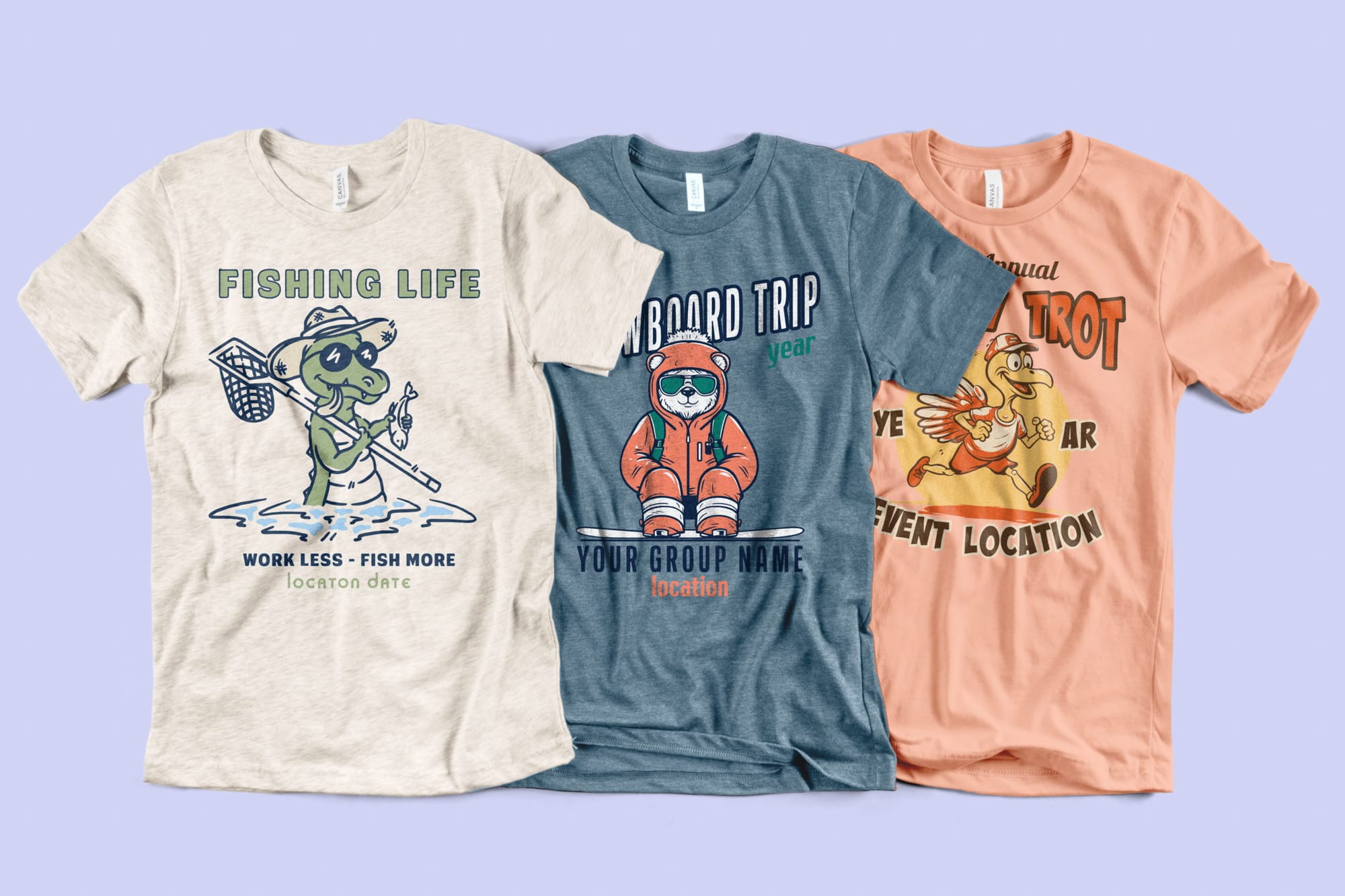 Three shirts showing fun designs of animals, such as an alligator fishing, a bear snowboarding and a turkey running a 5k.