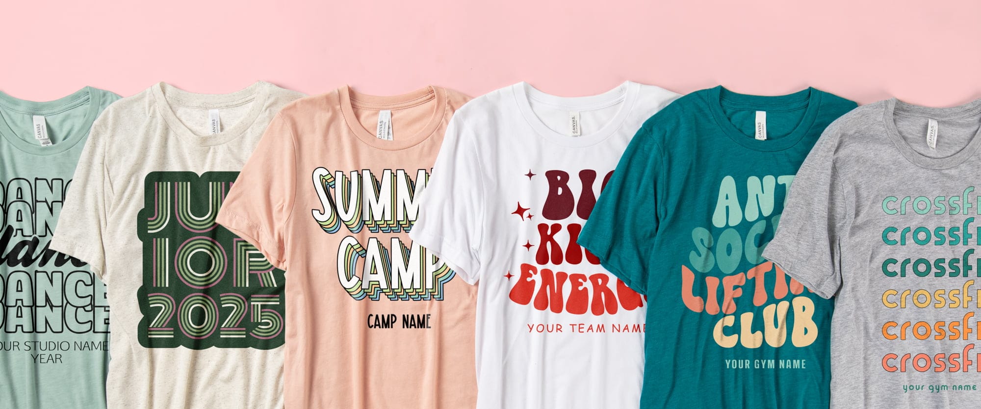 A lineup of six shirts that all feature a unique way to use bold text in your designs.