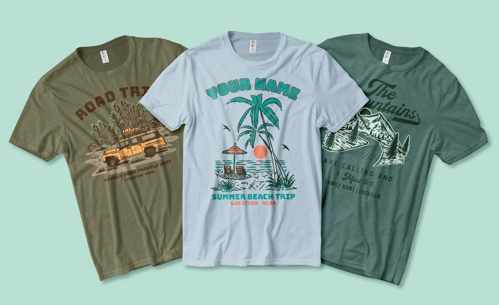 Flatlay showing three different color options for the Allmade Triblend tee. Each shirt shows a nature inspired design.