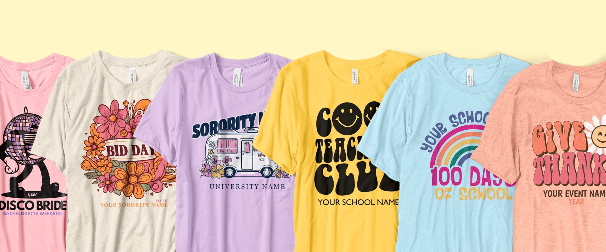 A lineup of t-shirts featuring a variety of groovy styled designs.