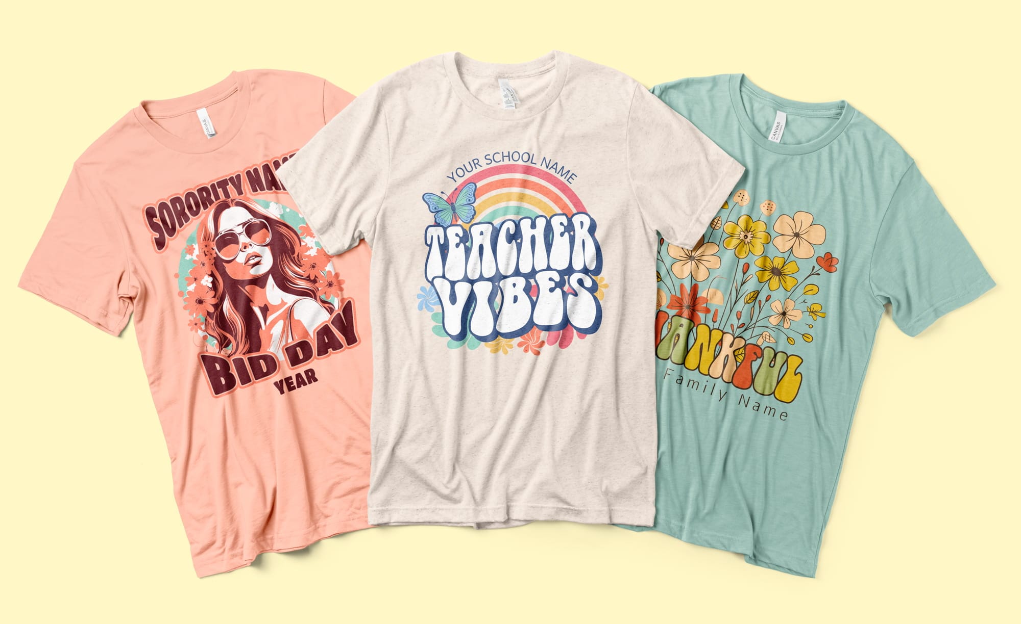 Groovy t-shirt designs with bold fonts and vibrant color palettes