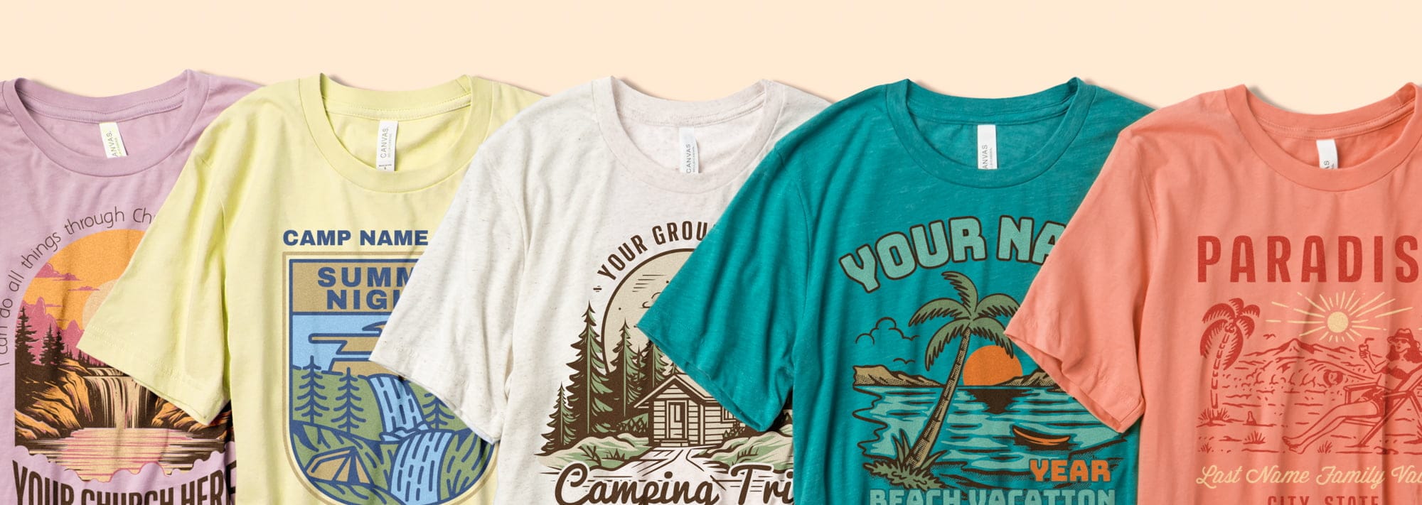 A lineup of shirts featuring nature themed designs of all kinds.