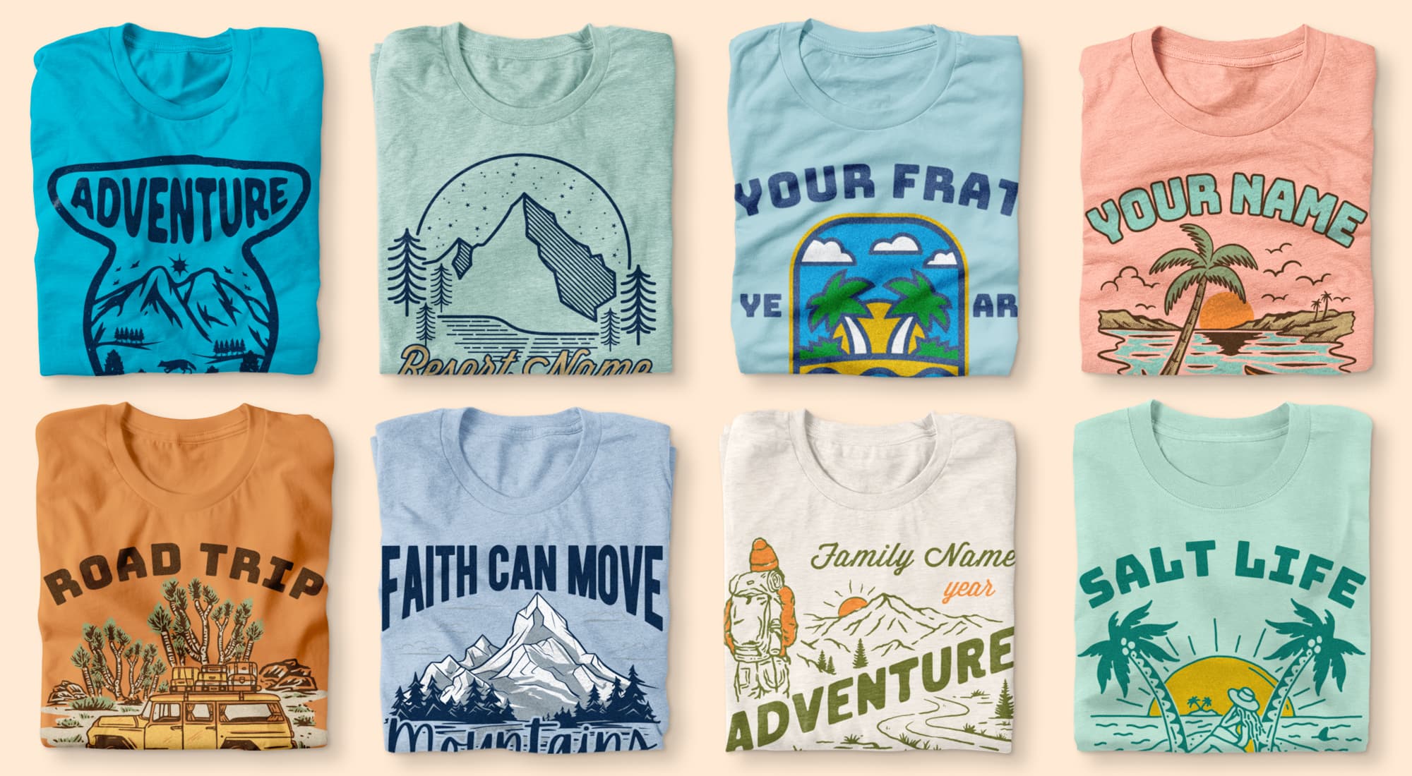 Folded shirts showing even more of our nature themed templates that you can choose from.