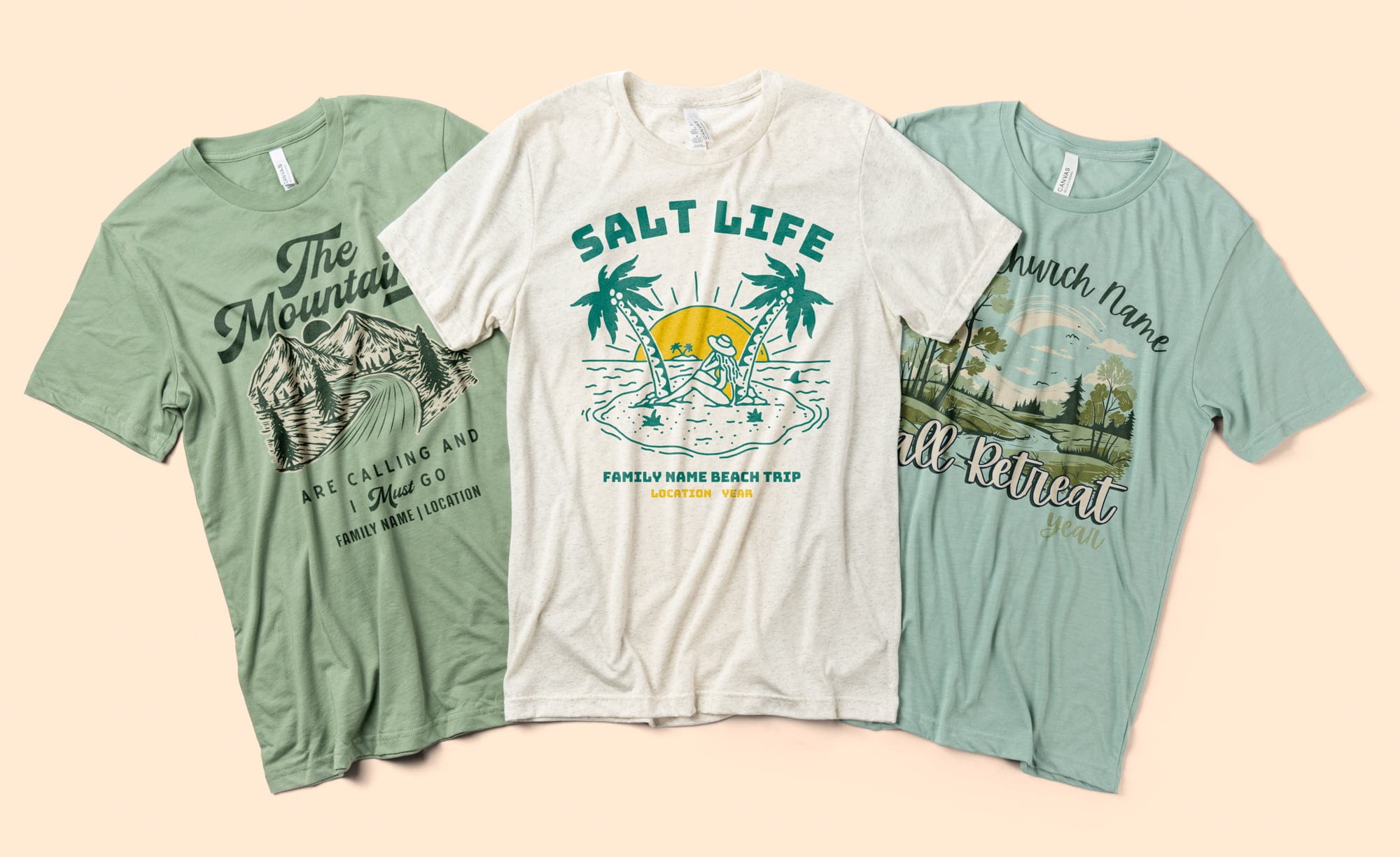 Three t-shirts that feature nature inspired designs.