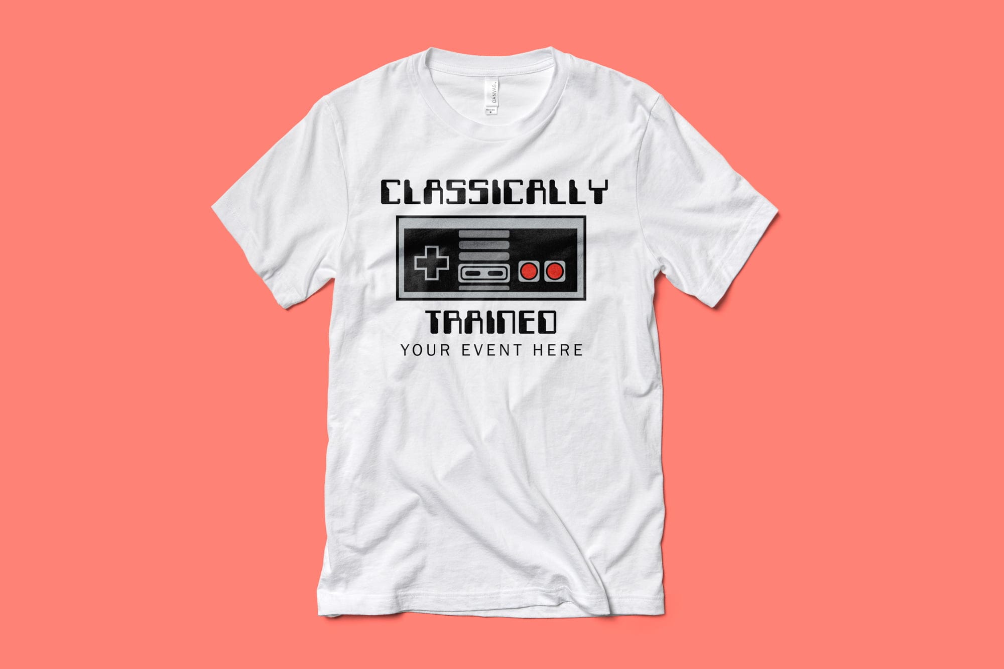A white t-shirt that features a Nintendo controller and says "classically trained".