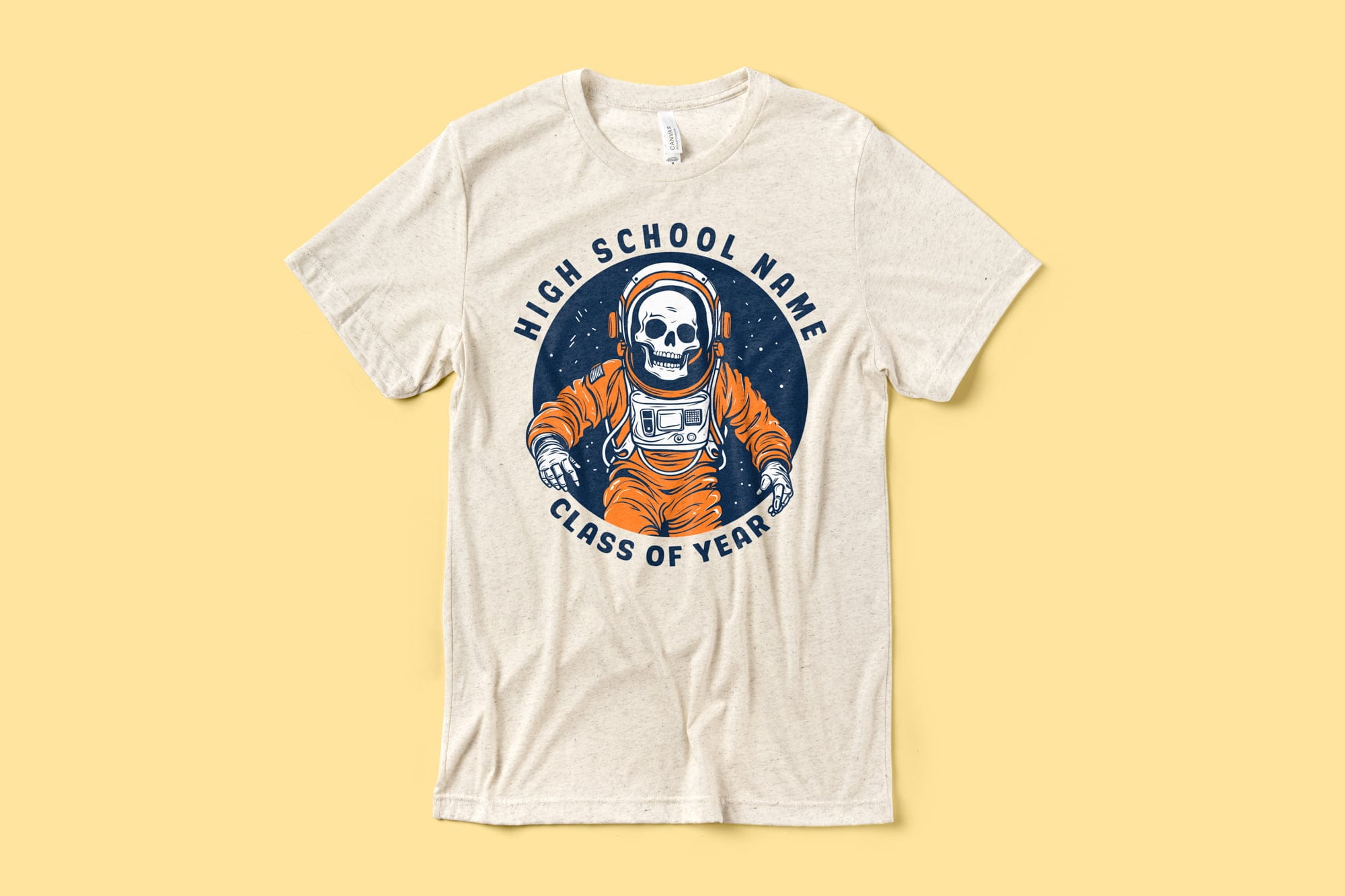 A fun outer space themed deign that shows a skeleton astronaut floating in space.