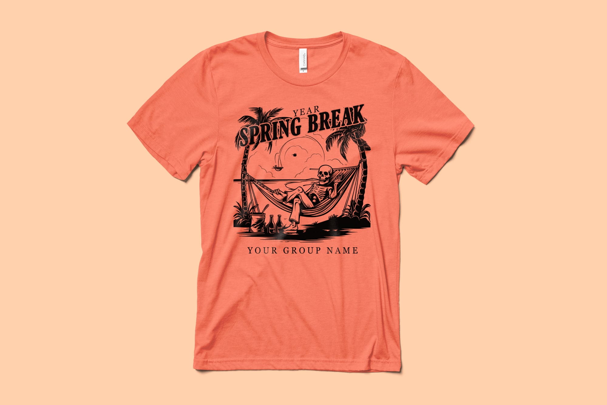 A bright orange shirt that has a one color design of a skeleton relaxing in a hammock on the beach.