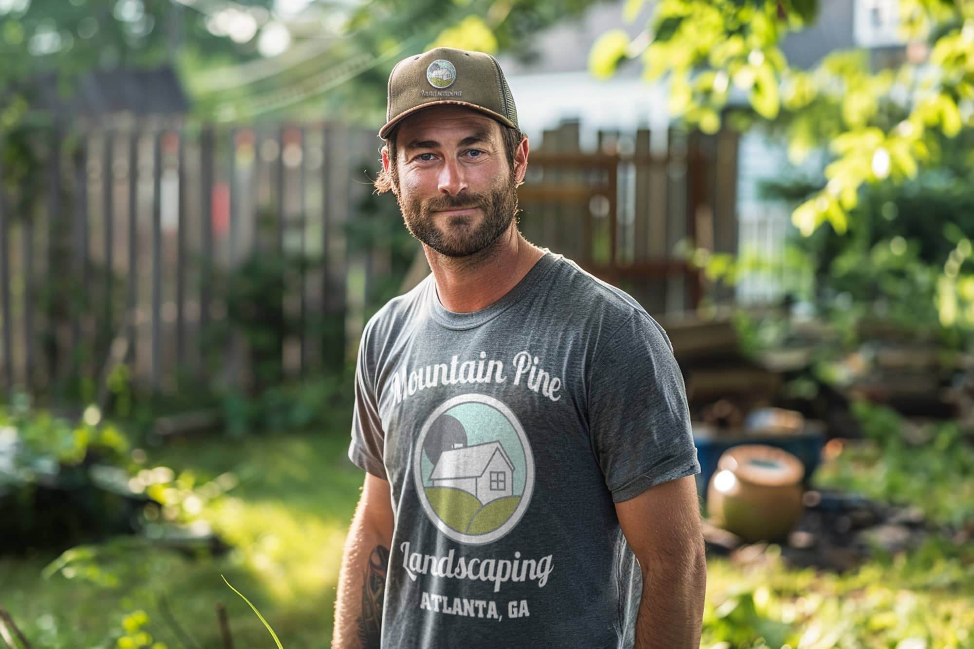 A male landscaper wearing a t-shirt that features his company's logo.