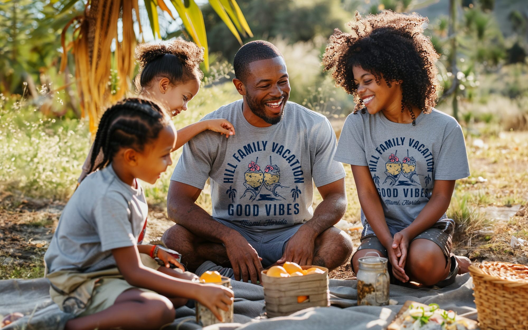 A family sitting outside enjoying a picnic. They are each wearing a matching family vacation shirt design.