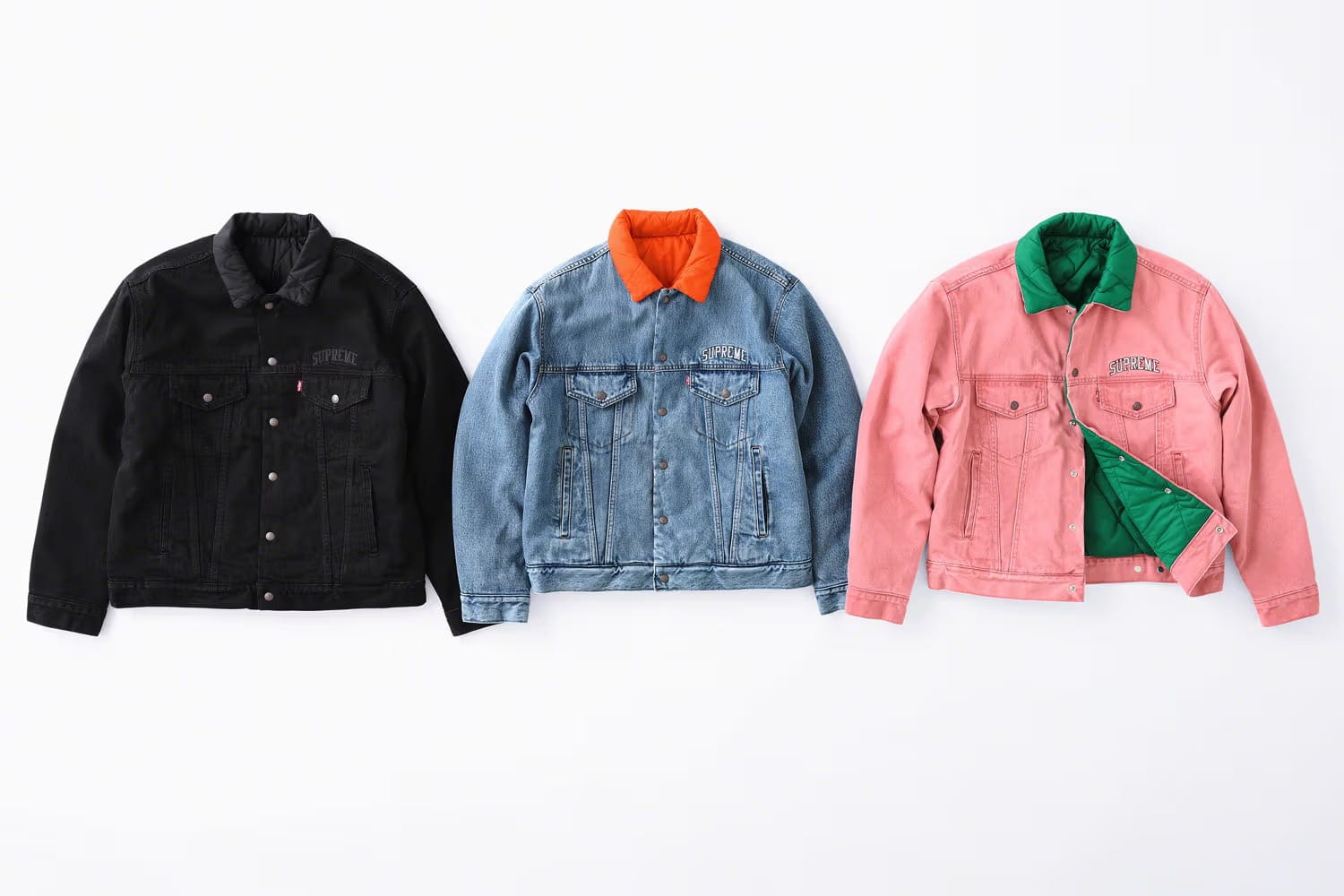 Flatlay lineup of some of the products from the Fall 2018 Levi's x Supreme collection.