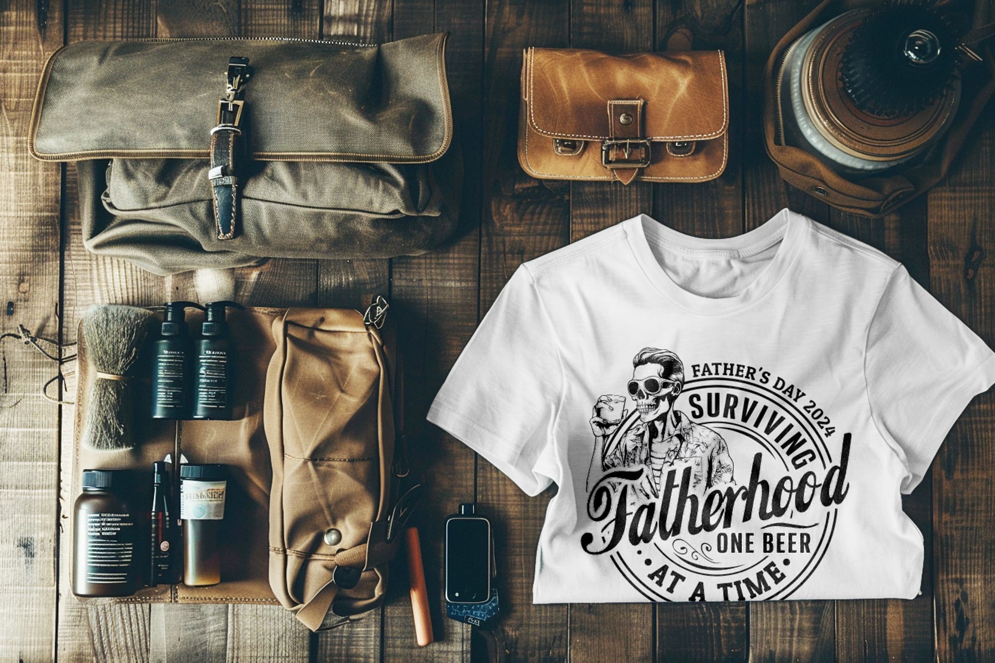 A flatlay of accessories that a dad may have is his travel bag. A flat t-shirt is laid ned to the items and features a customizable father's day template.