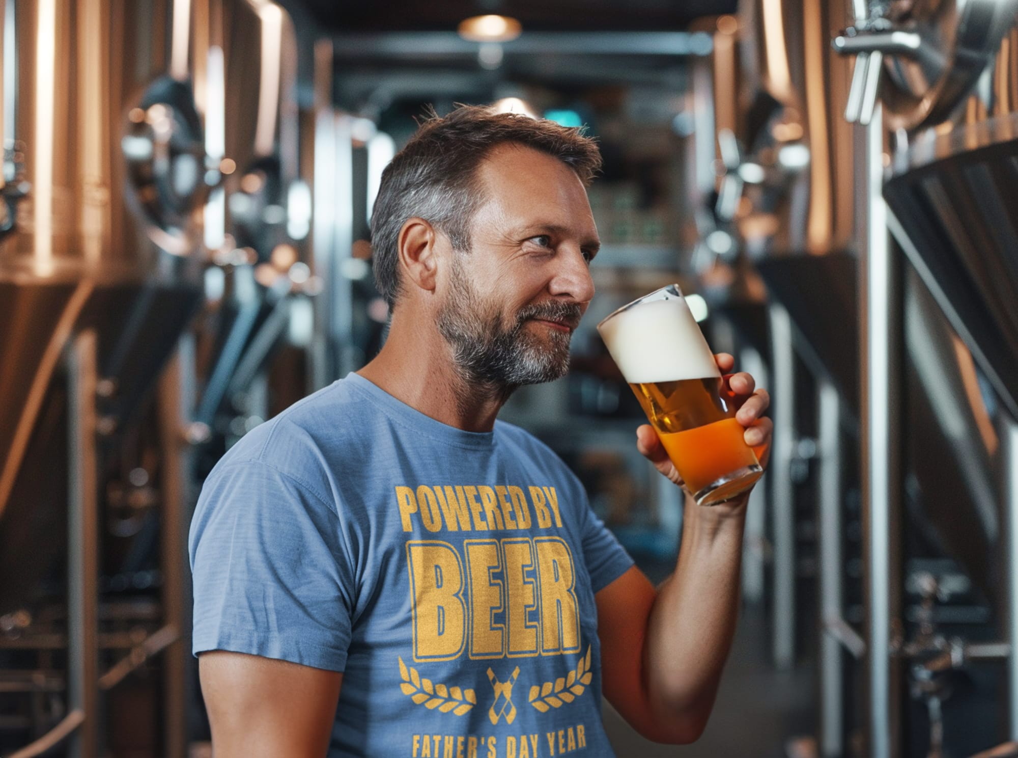 A dad enjoying his time visiting a brewery and drinking beer. His shirt says "Powered by Beer. Father's Day Year"