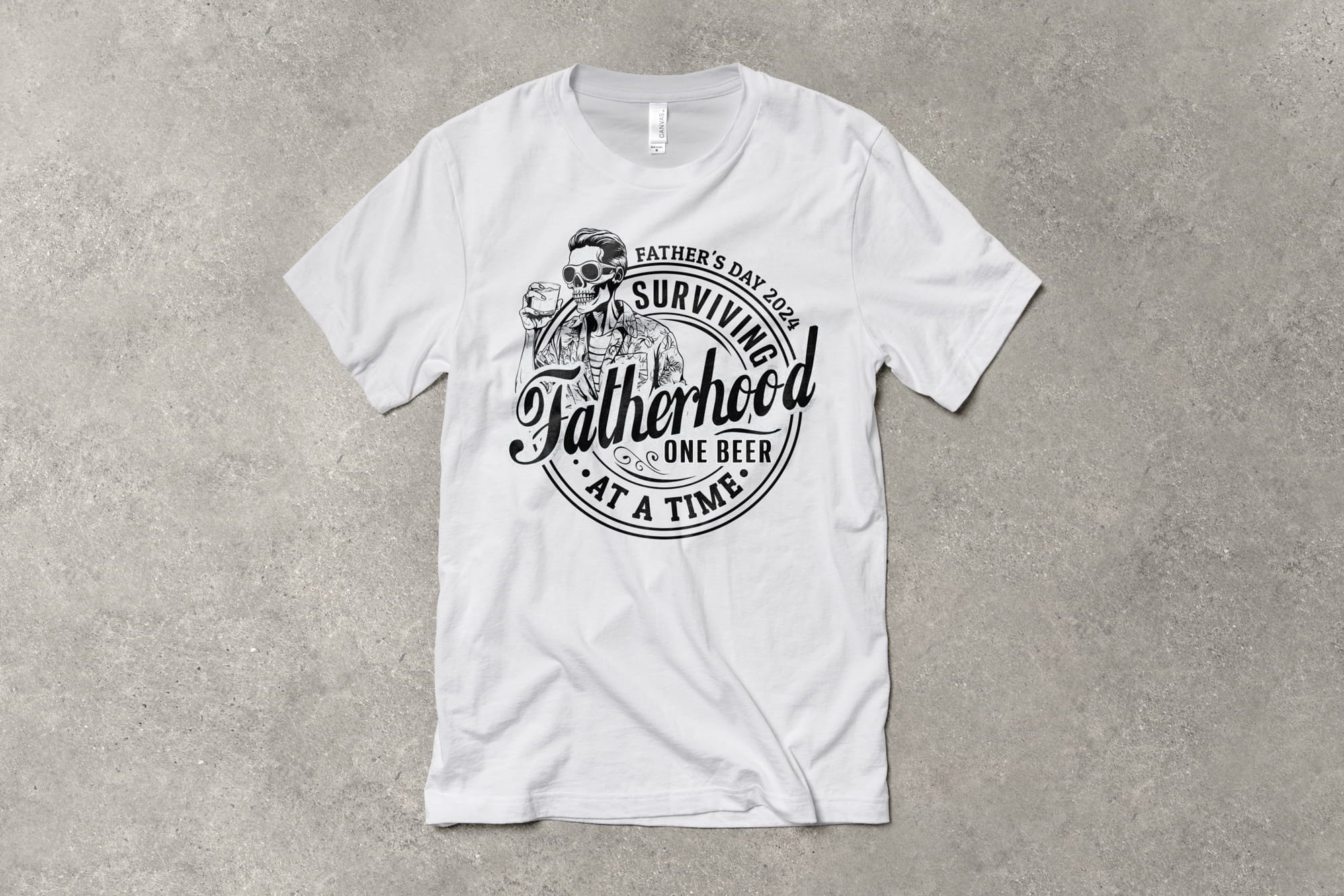 A flat t-shirt that has a customizable design that says "Surviving Fatherhood one beer at a time"