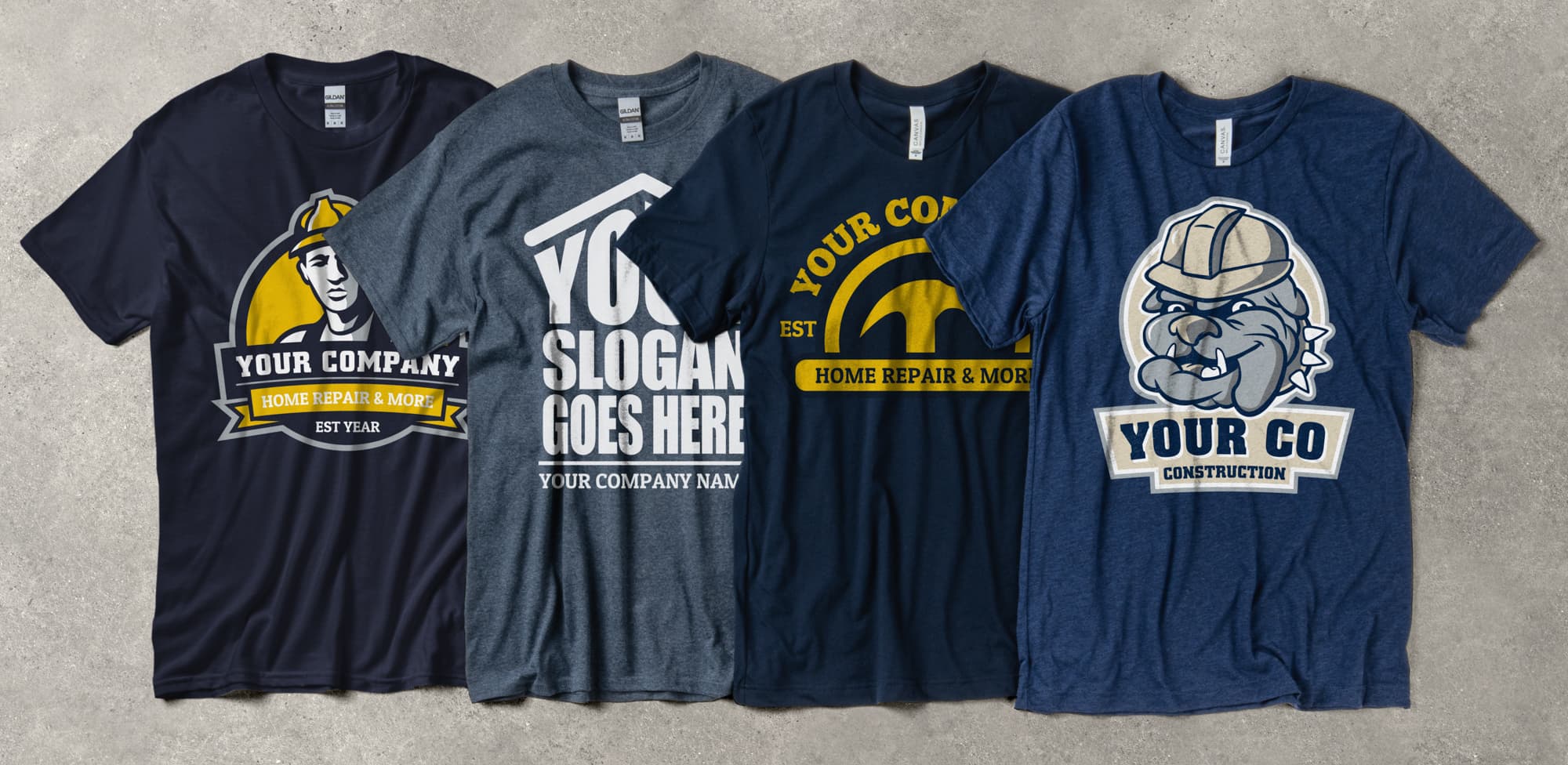 Image of a lineup of four t-shirts that each feature a different customizable design from out templates.