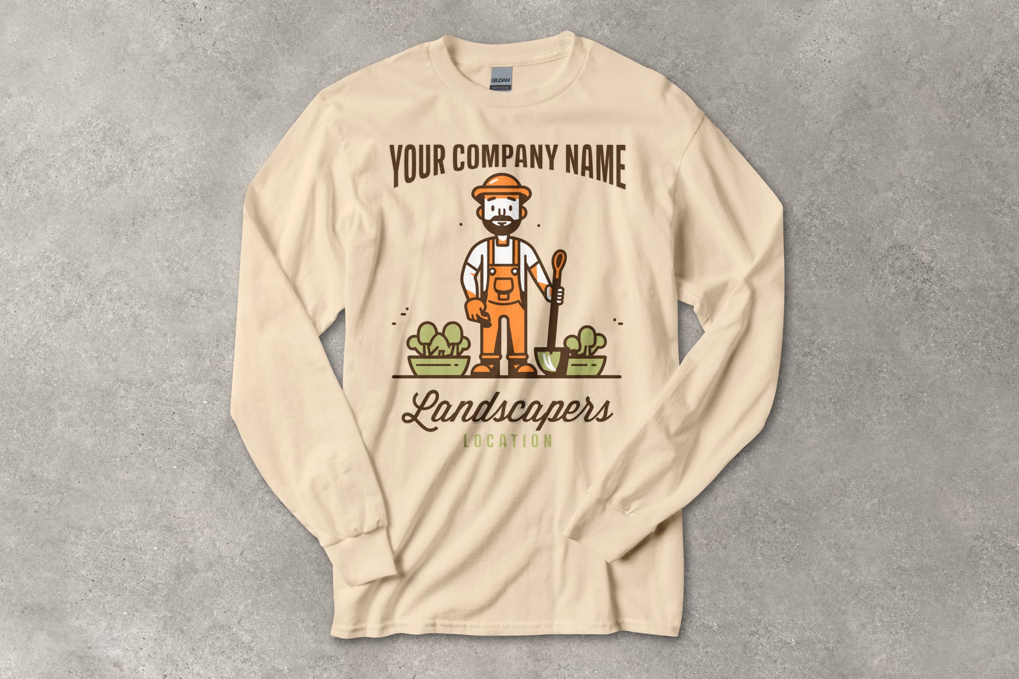 A flatlay image of a longsleeve shirt with a customizable landscaping design.