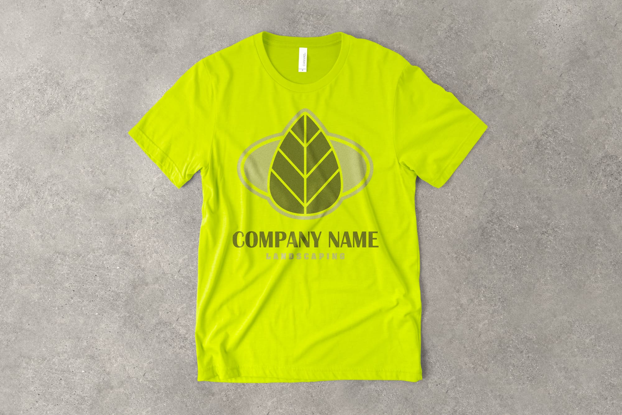 A flatlay image of a bright neon yellow shirt with a customizable landscaping design.