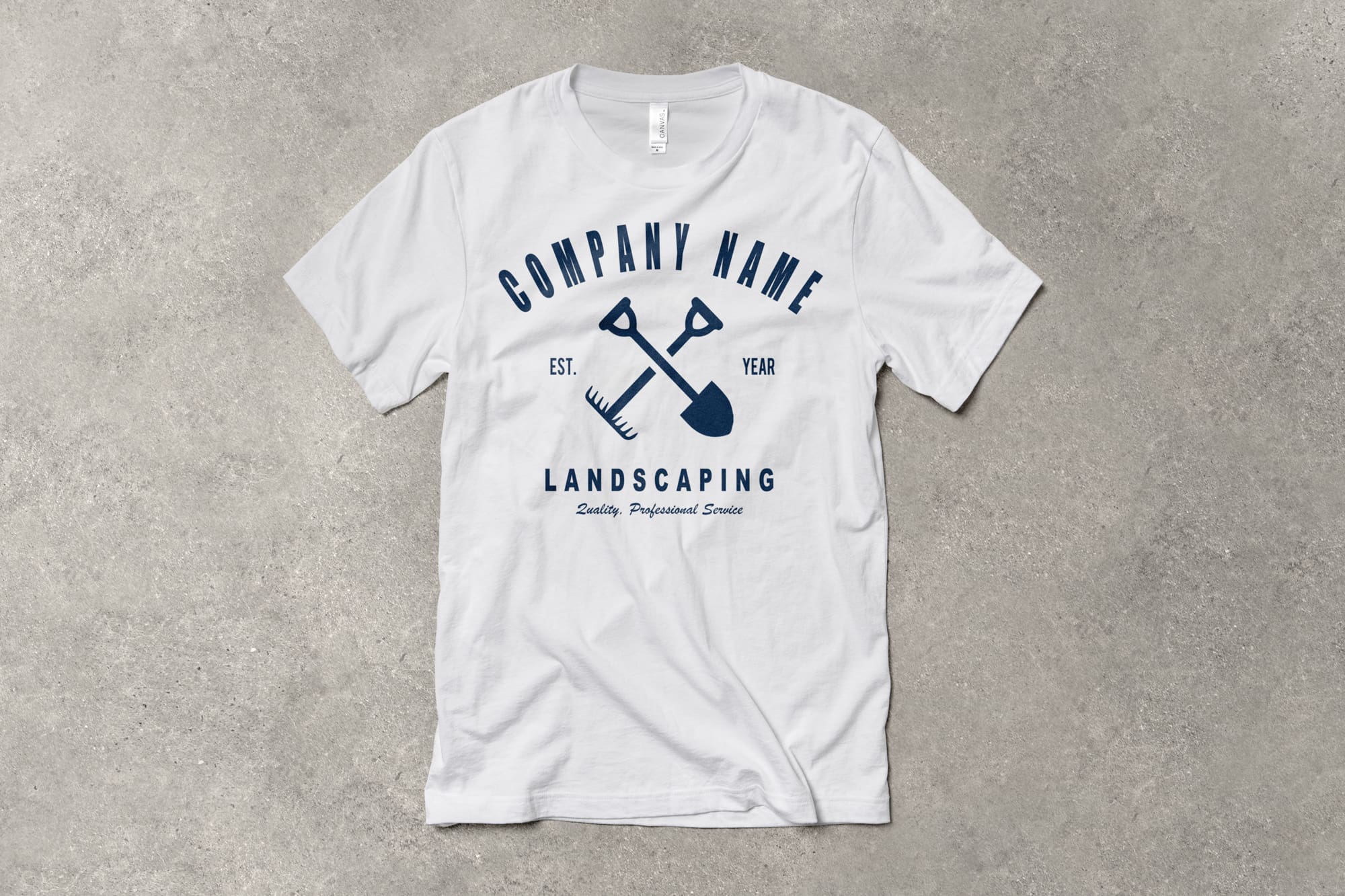 A flatlay image of a basic t-shirt with a simple customizable landscaping design.