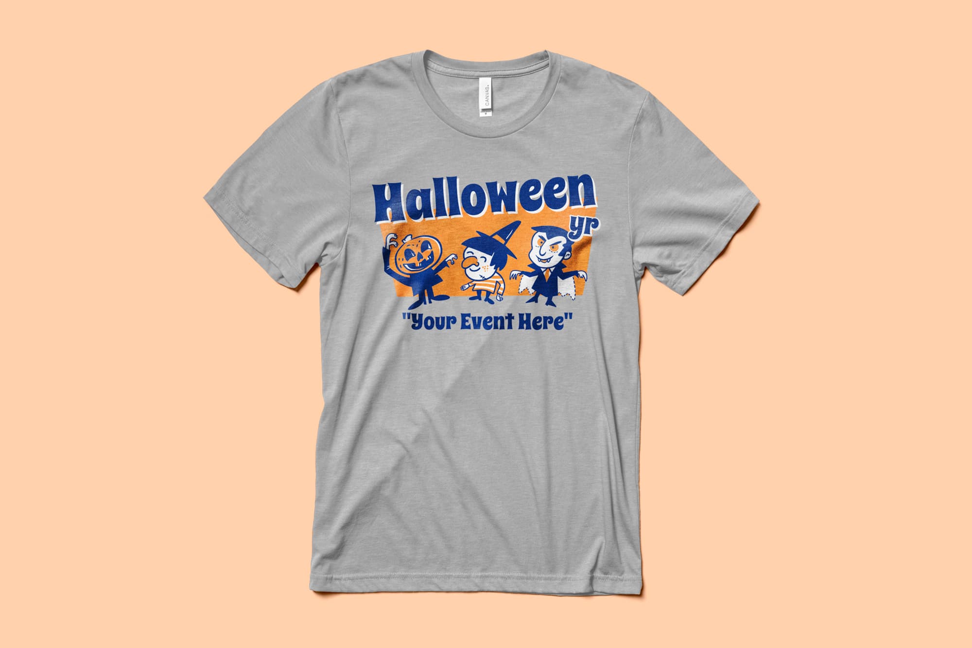 Image of a grey t-shirt with a customizable halloween design of cartoon monsters.